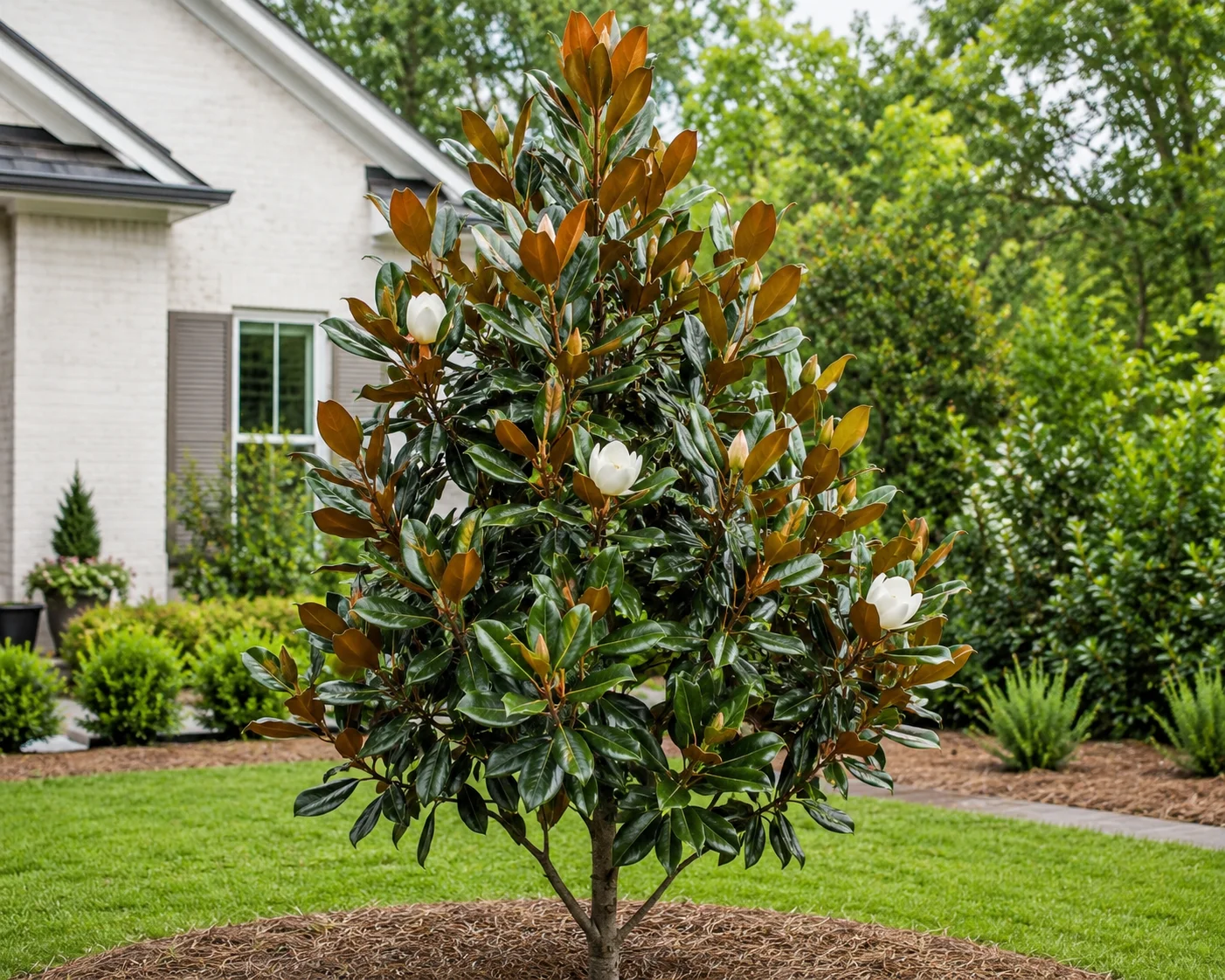 Beautiful Teddy Bear Magnolia tree with glossy dark green leaves, bronze undersides, and white flowers growing in a landscaped home garden.