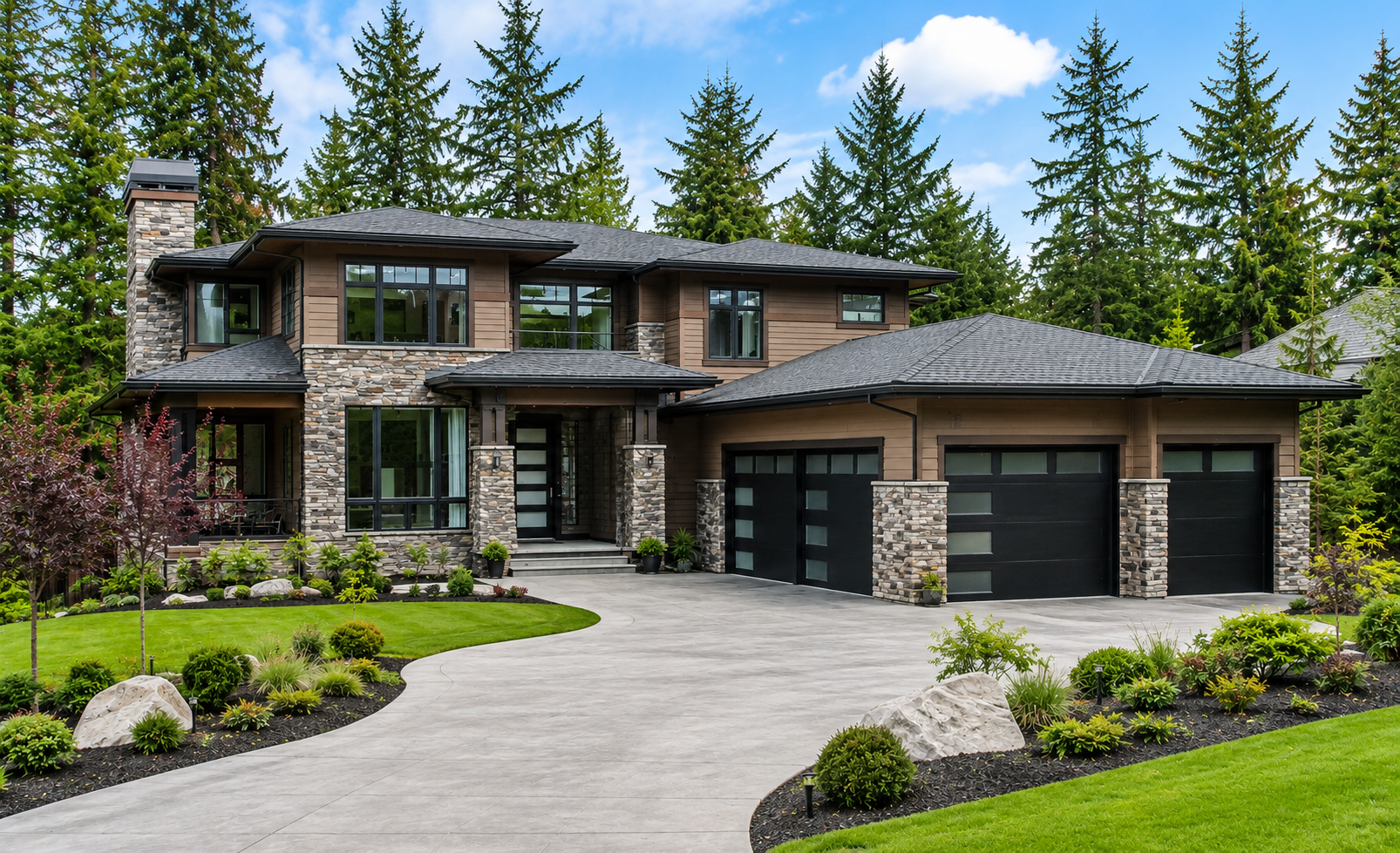 Luxury Timberwood Ridge home in Edmonds WA featuring a modern craftsman design, stone exterior, landscaped front yard, and spacious three-car garage in natural daylight.