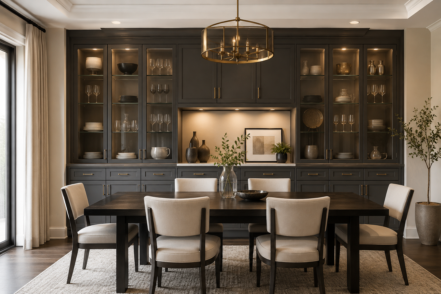 Elegant dining room with built-in dark wood cabinets, glass doors, brass hardware, dining table, and upholstered chairs.