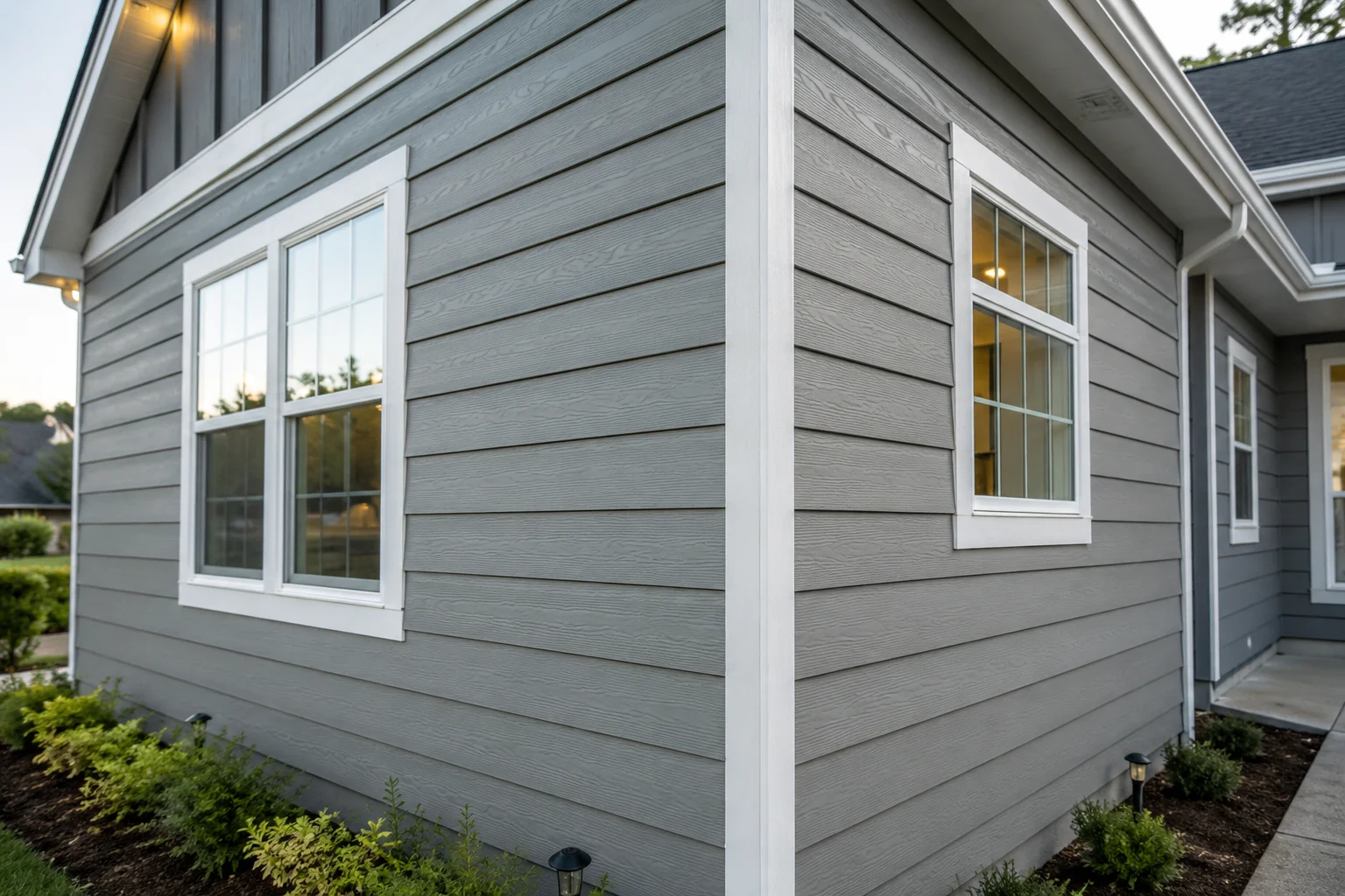 Modern home exterior featuring gray Hardie plank siding, white trim, and large windows.