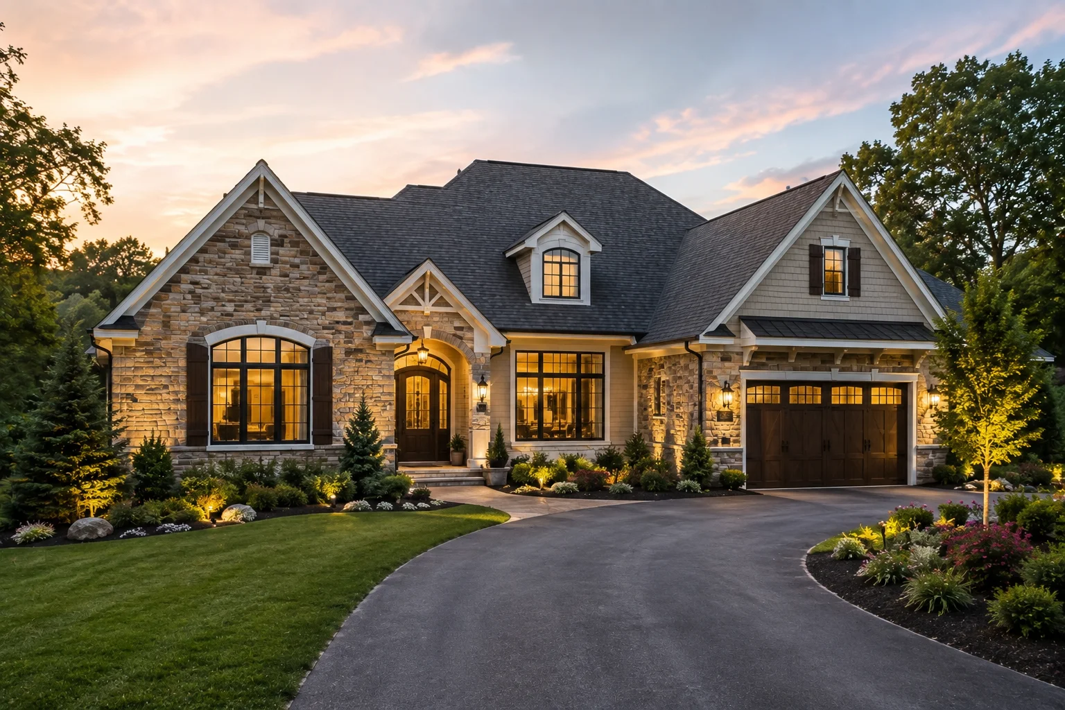 Gated community home for sale in Pennsylvania featuring a luxury stone exterior, landscaped yard, and spacious driveway.