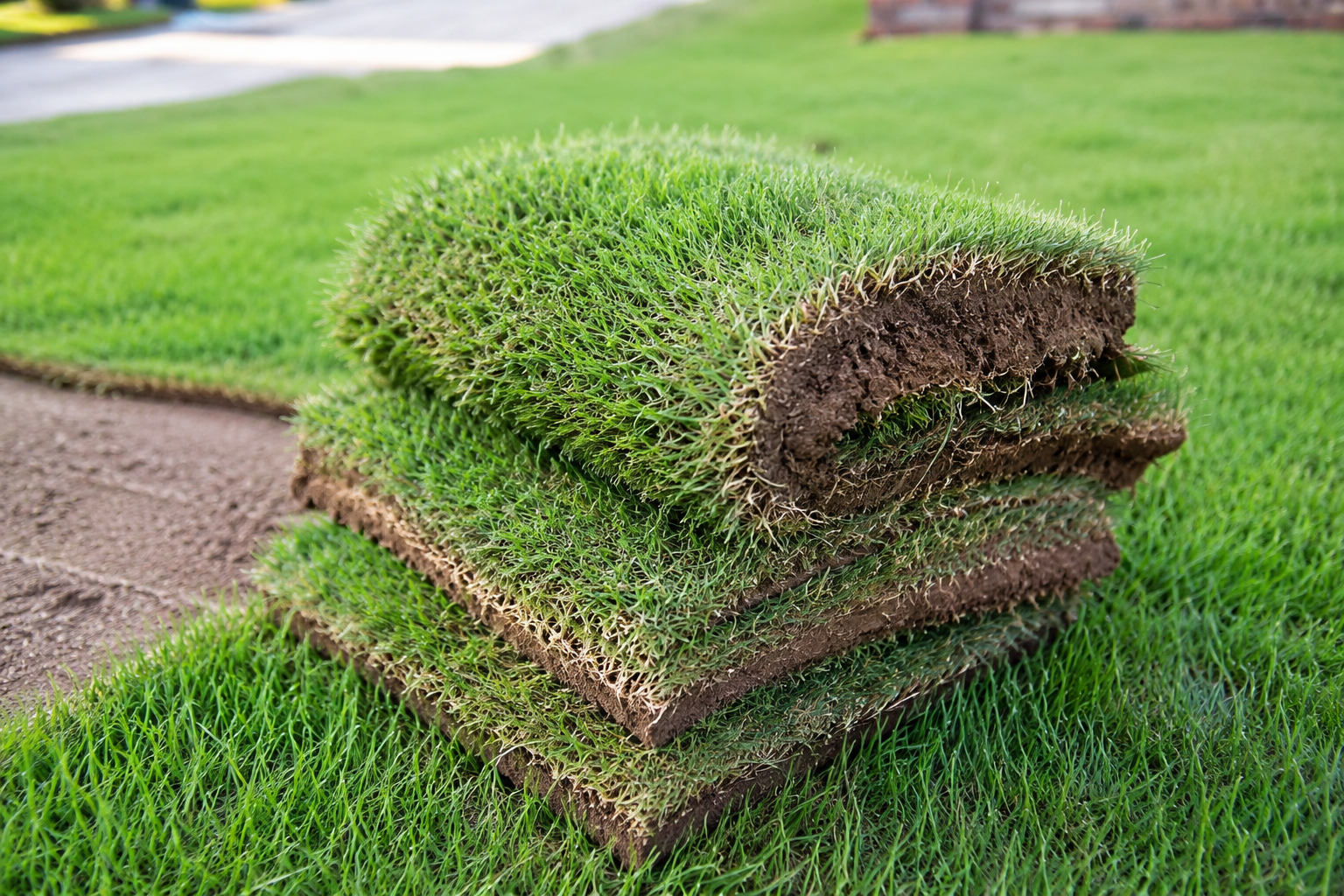Fresh St. Augustine grass sod stacked on a lush green lawn, showing healthy grass, soil, and roots.