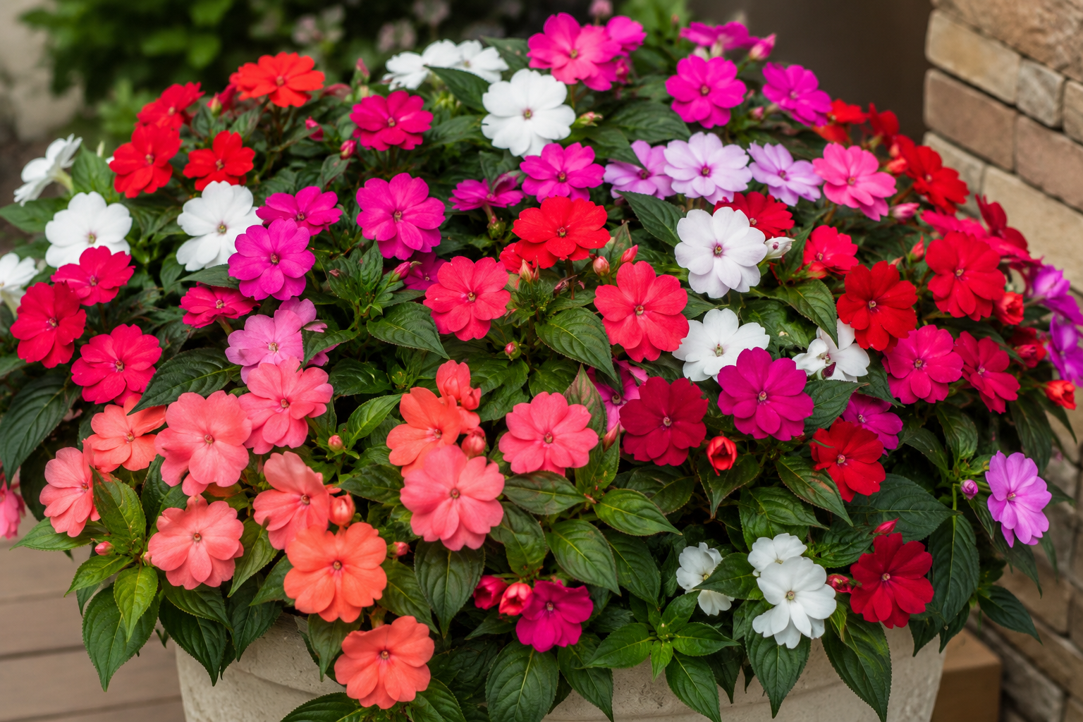 "Colorful Supersonic Impatiens flowers blooming in a lush outdoor garden planter with vibrant pink, red, coral, white, and purple blossoms surrounded by healthy green foliage."