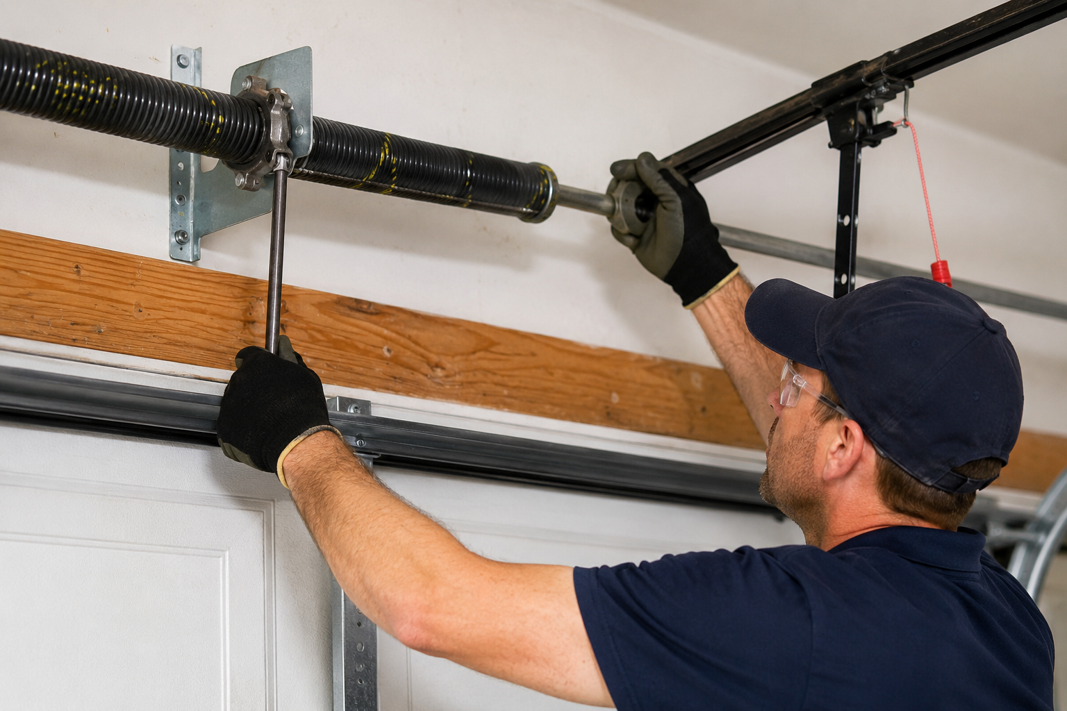 Garage door torsion spring replacement by a professional technician using winding bars to repair an overhead residential garage door safely.