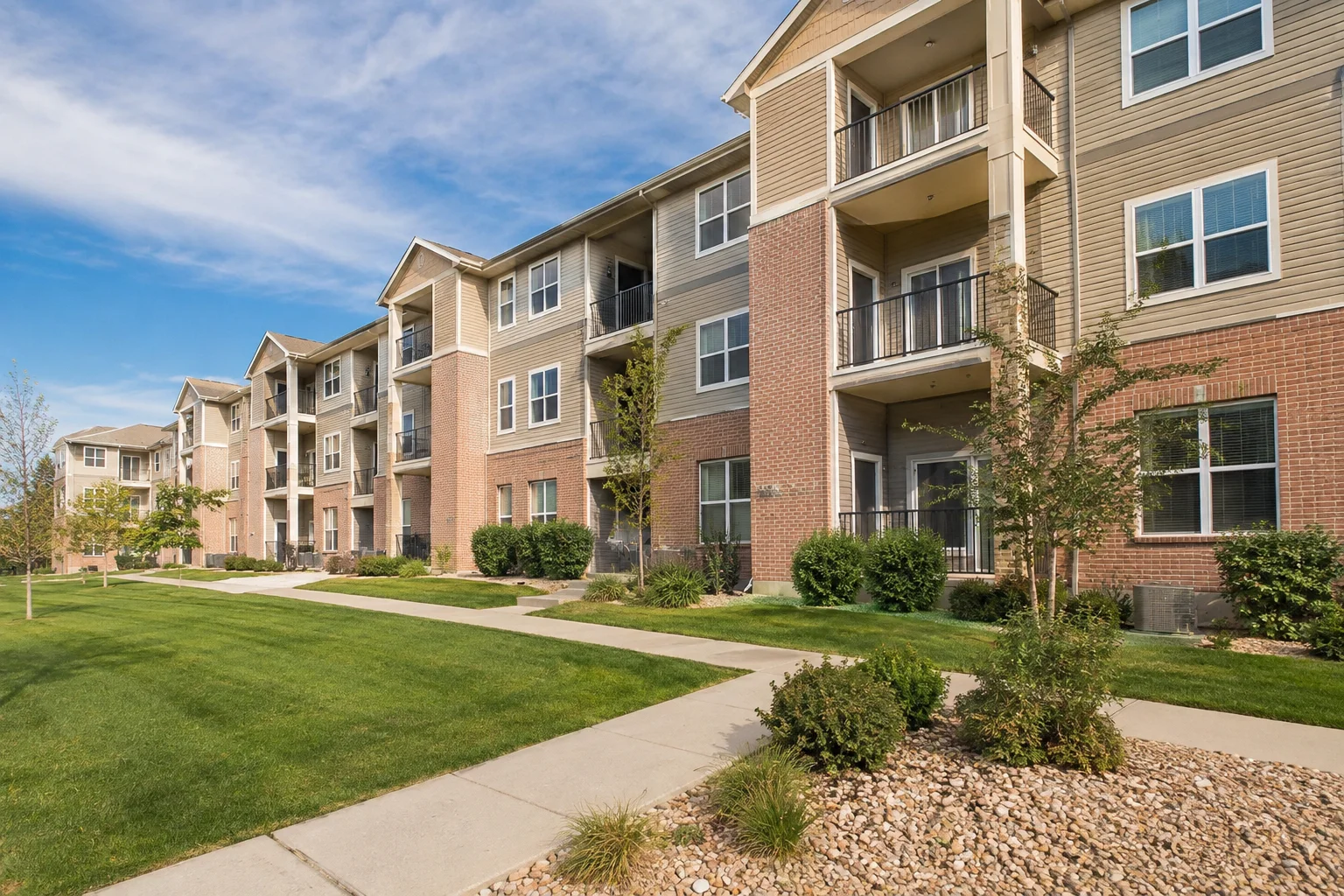 Fairview Apartments in Aurora, Colorado, featuring modern residential buildings, private balconies, landscaped green spaces, and walking paths.
