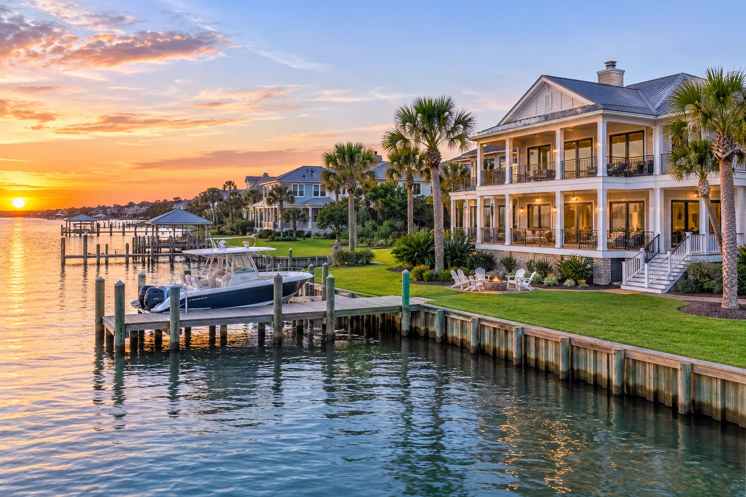 Luxury Ono Island, Alabama waterfront home with private boat dock, palm trees, and sunset views.