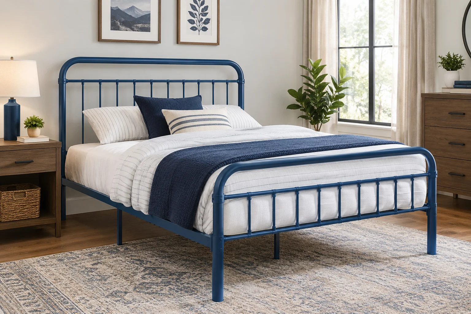"Blue metal Cargo full bed frame with recessed panel headboard in a bedroom