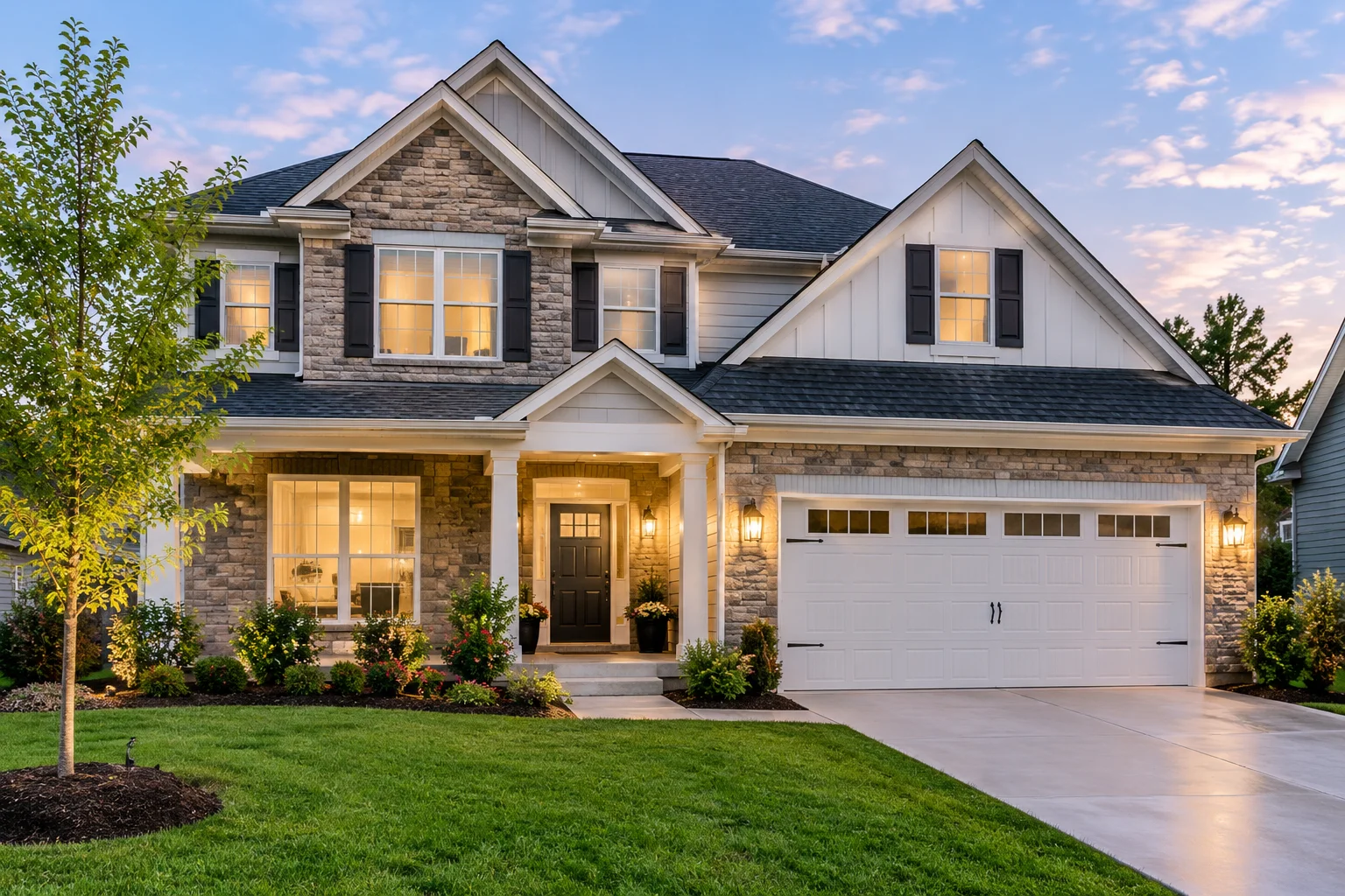 Beautiful two-story suburban house with stone accents, landscaped yard, garage, and warmly lit windows at sunset