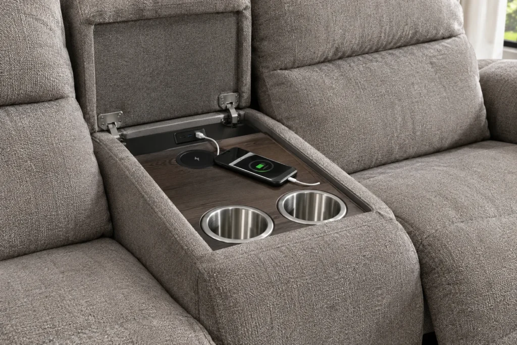 Drop-down console table with cup holders and wireless charging pad on a reclining sofa