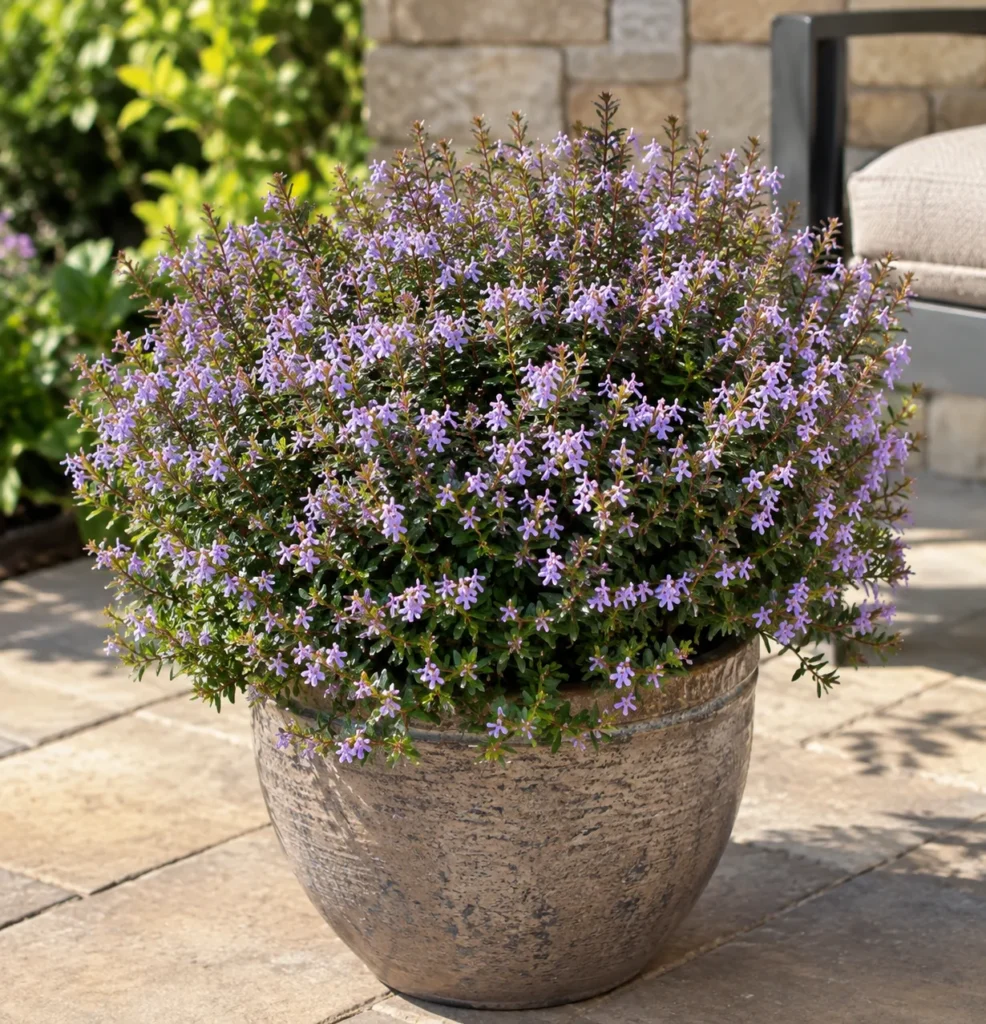 Potted Mexican heather plant on a sunny patio