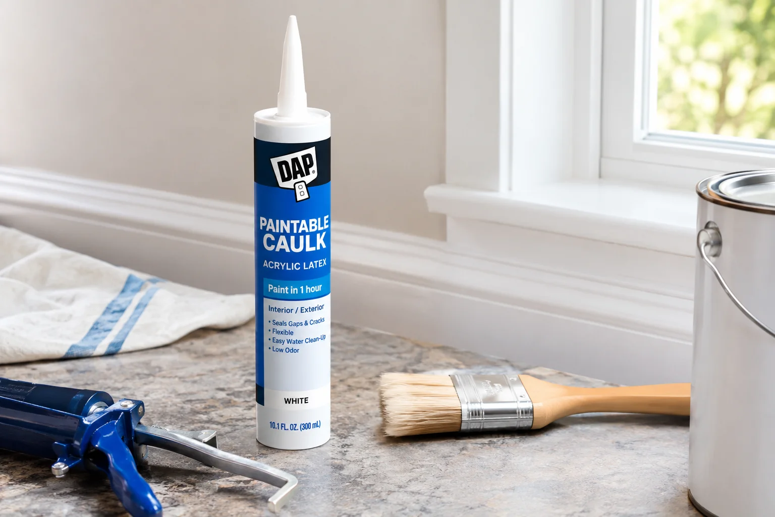 Best paintable caulk for sealing gaps and cracks around interior trim, shown with a caulking gun and paintbrush.