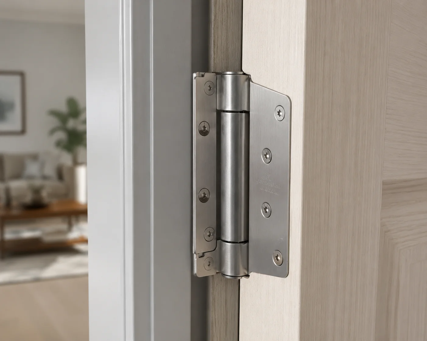 Close-up of a stainless steel self-closing door hinge installed on a modern interior door