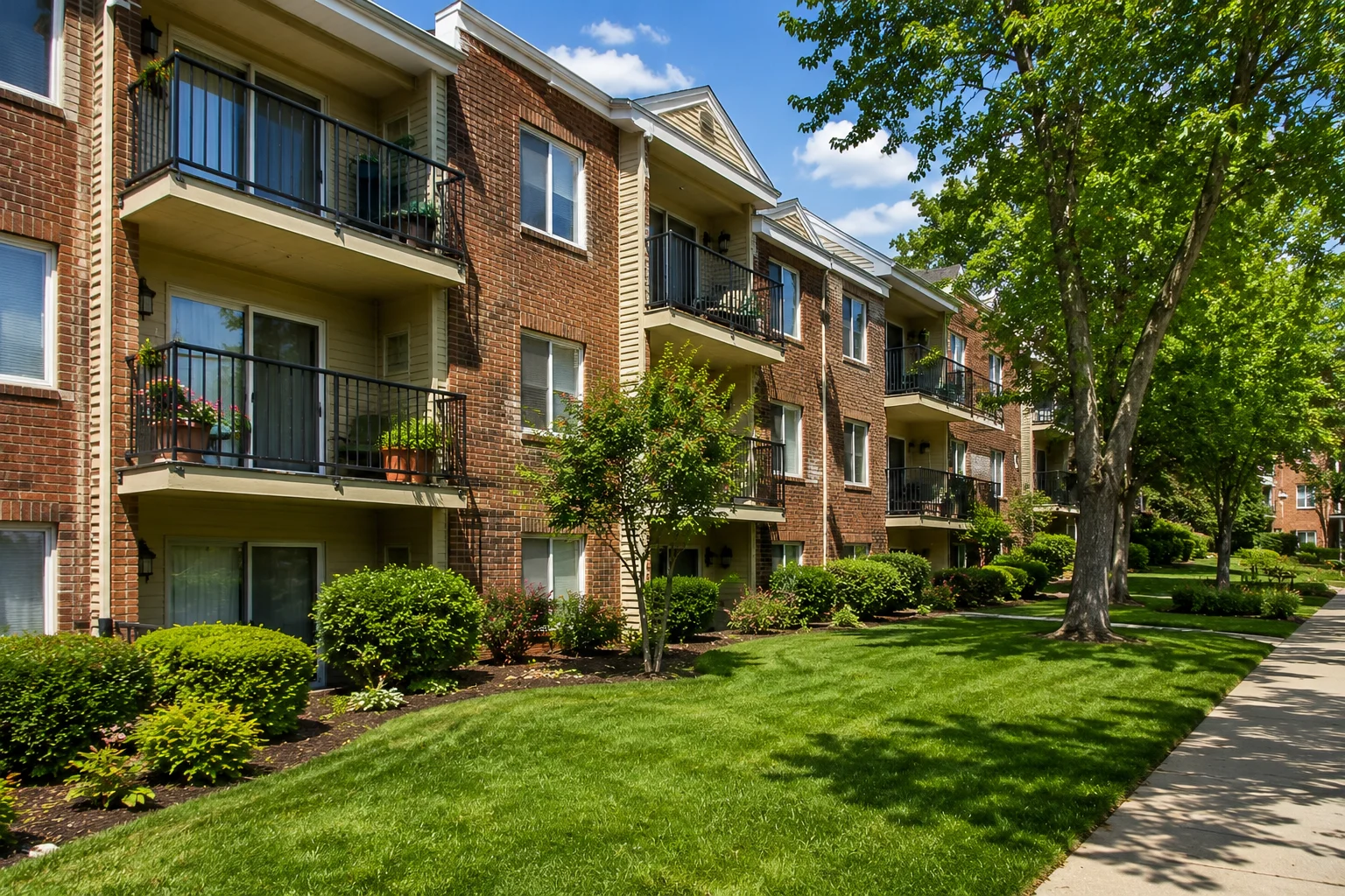 Colonial Apartments in Richmond, VA featuring well-maintained brick buildings, balconies, landscaped lawns, mature trees, and a peaceful residential setting.