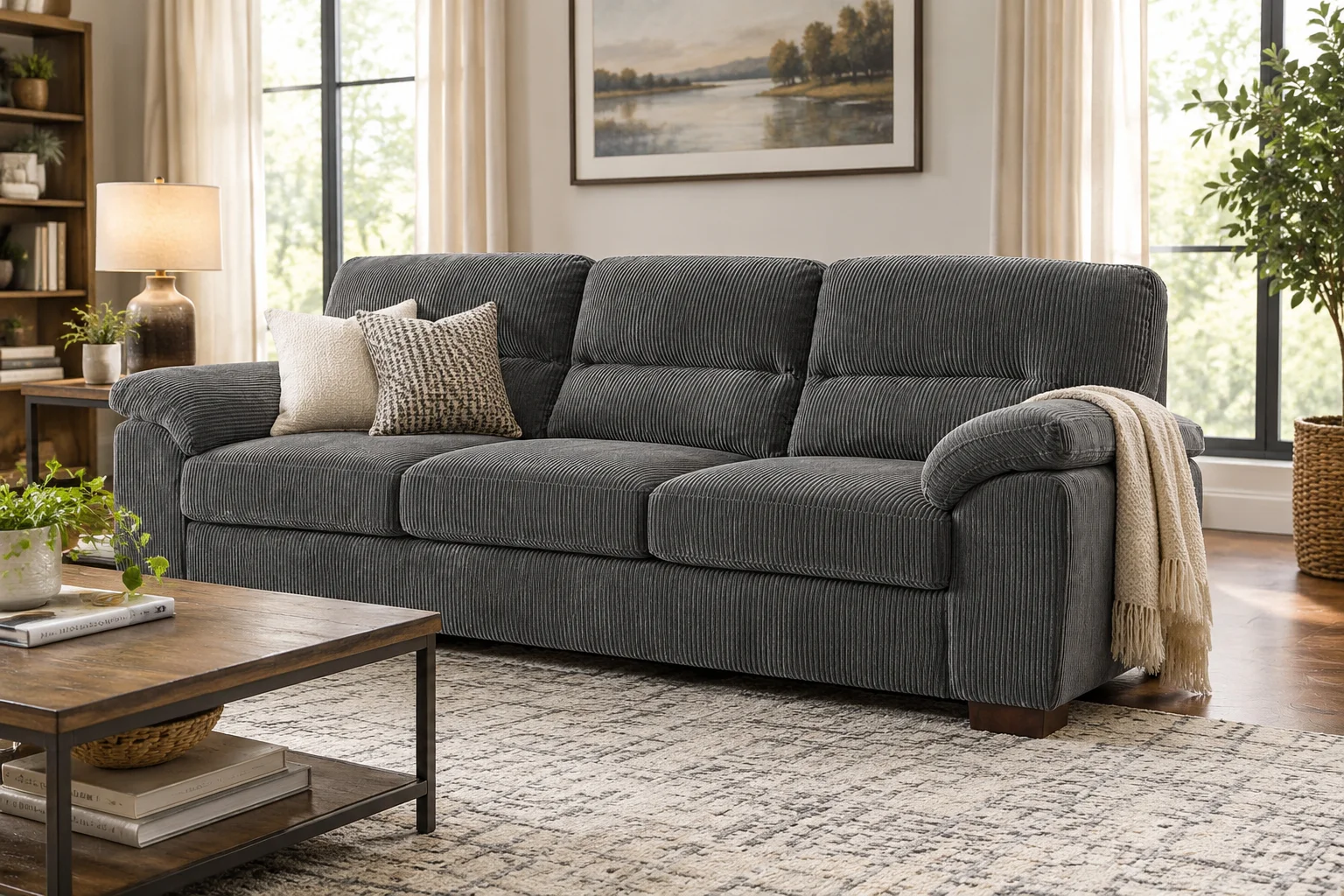 Wade Logan Aziyah 81 inch corduroy sofa in grey in a living room