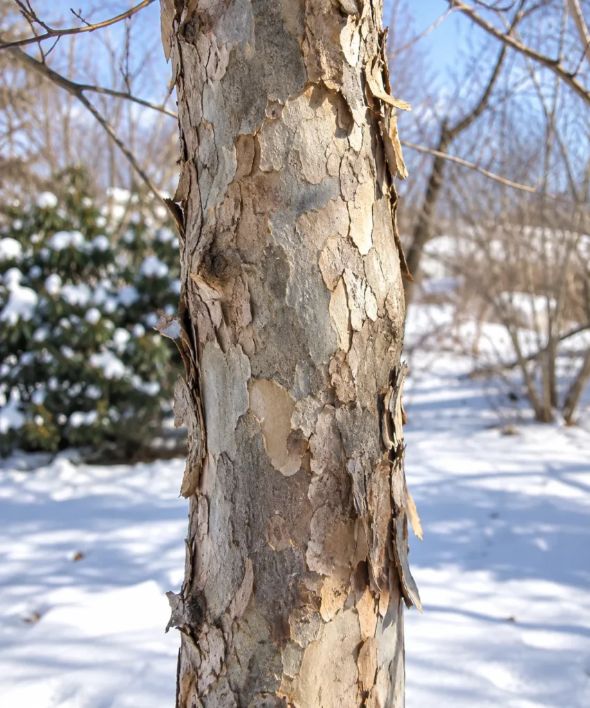 Peeling gray-brown bark on a Muskogee crape myrtle trunk in winter
