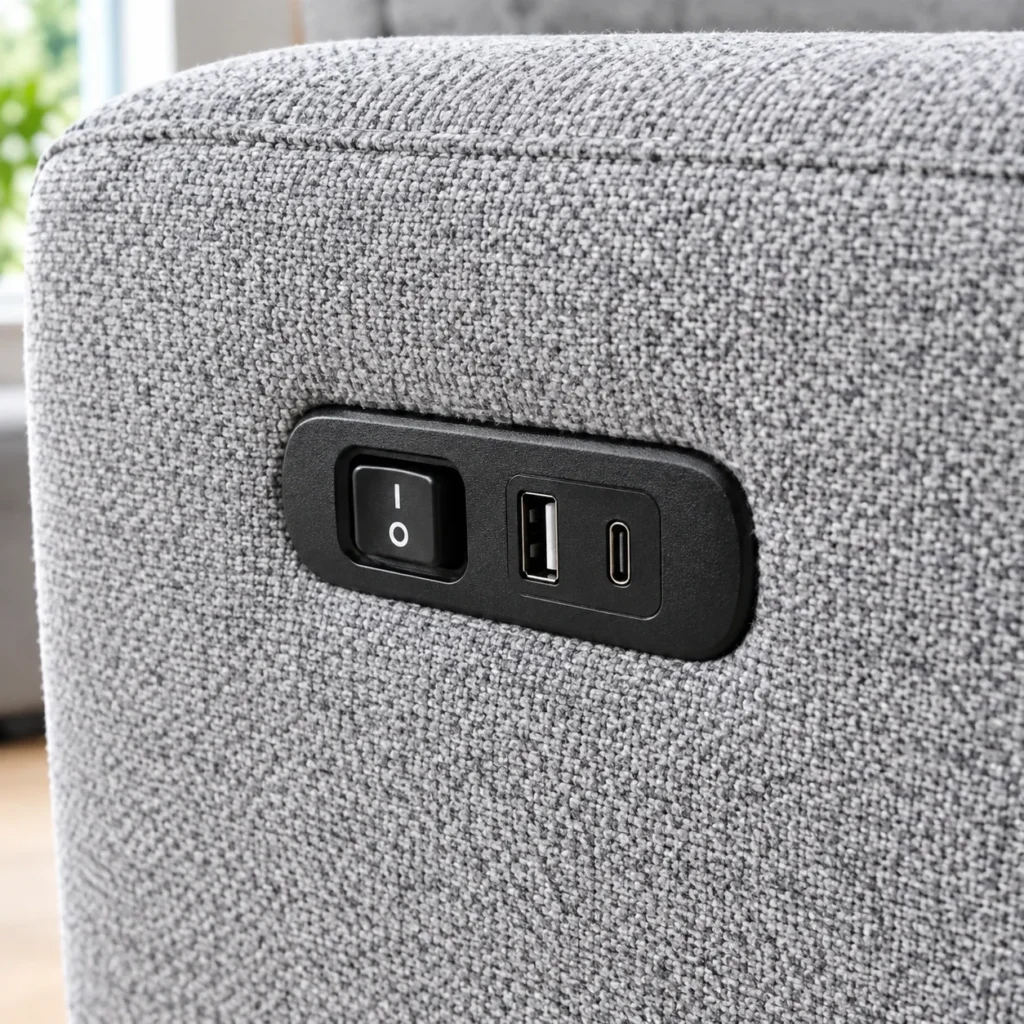 Power control switch with USB and Type-C charging ports on a gray sofa