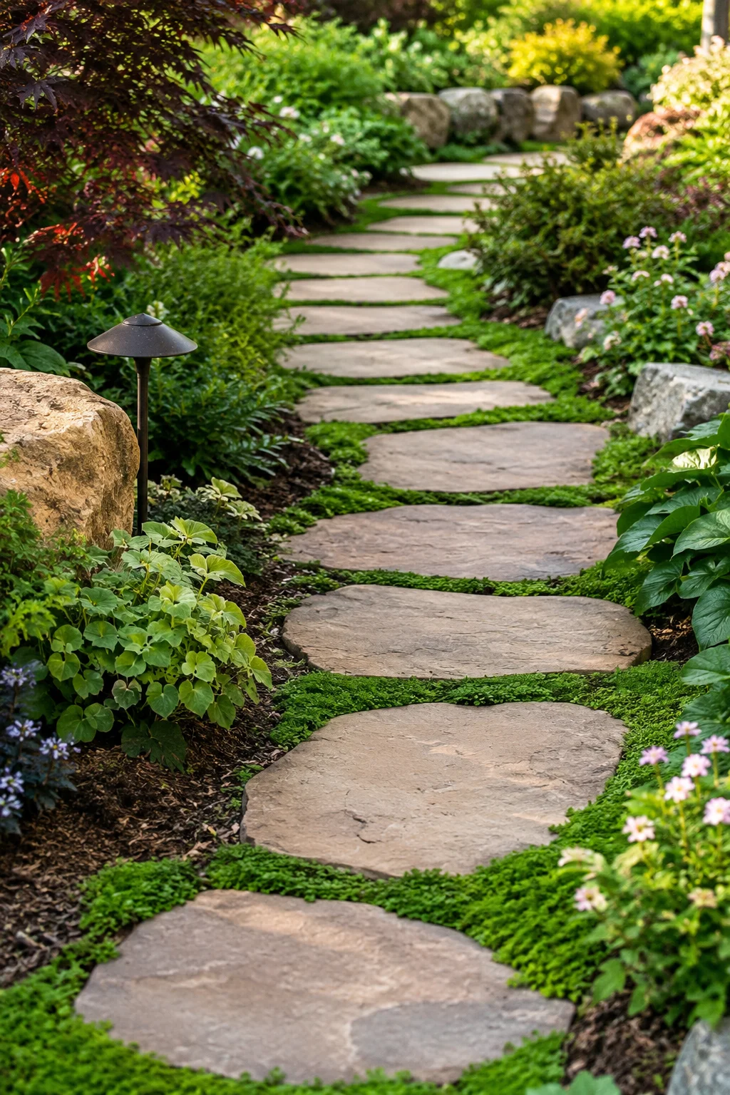 Stepping stone garden path with natural stone slabs surrounded by lush green plants and colorful flowers.