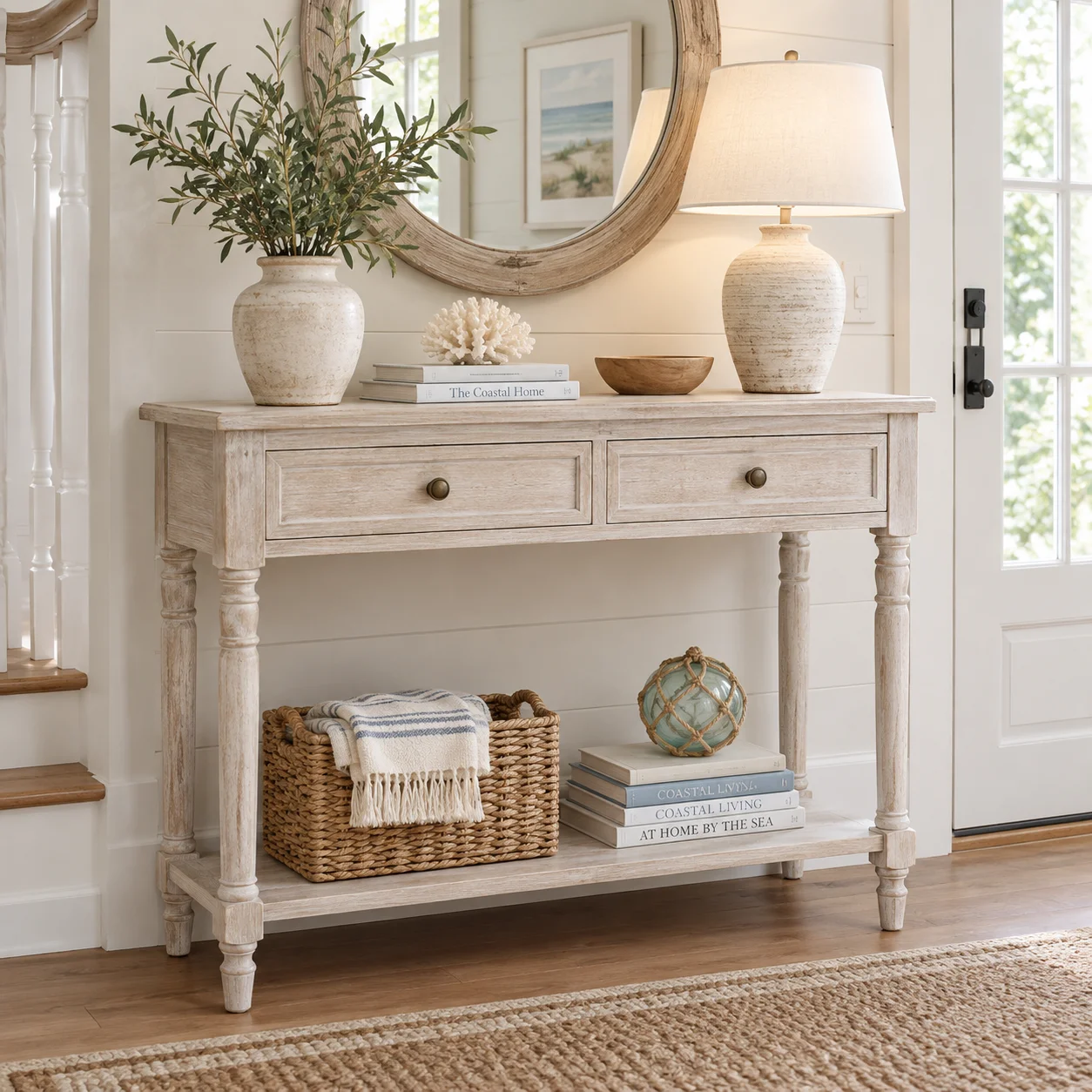 Coastal style whitewashed console table in a home entryway
