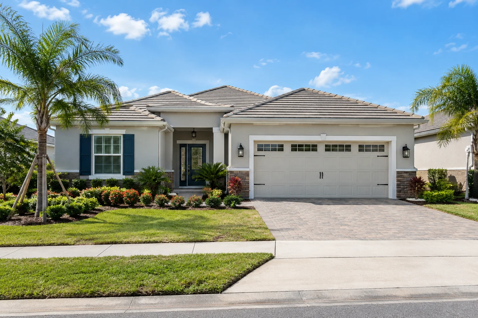 Single-story home exterior in Vero Lago community, Vero Beach, Florida