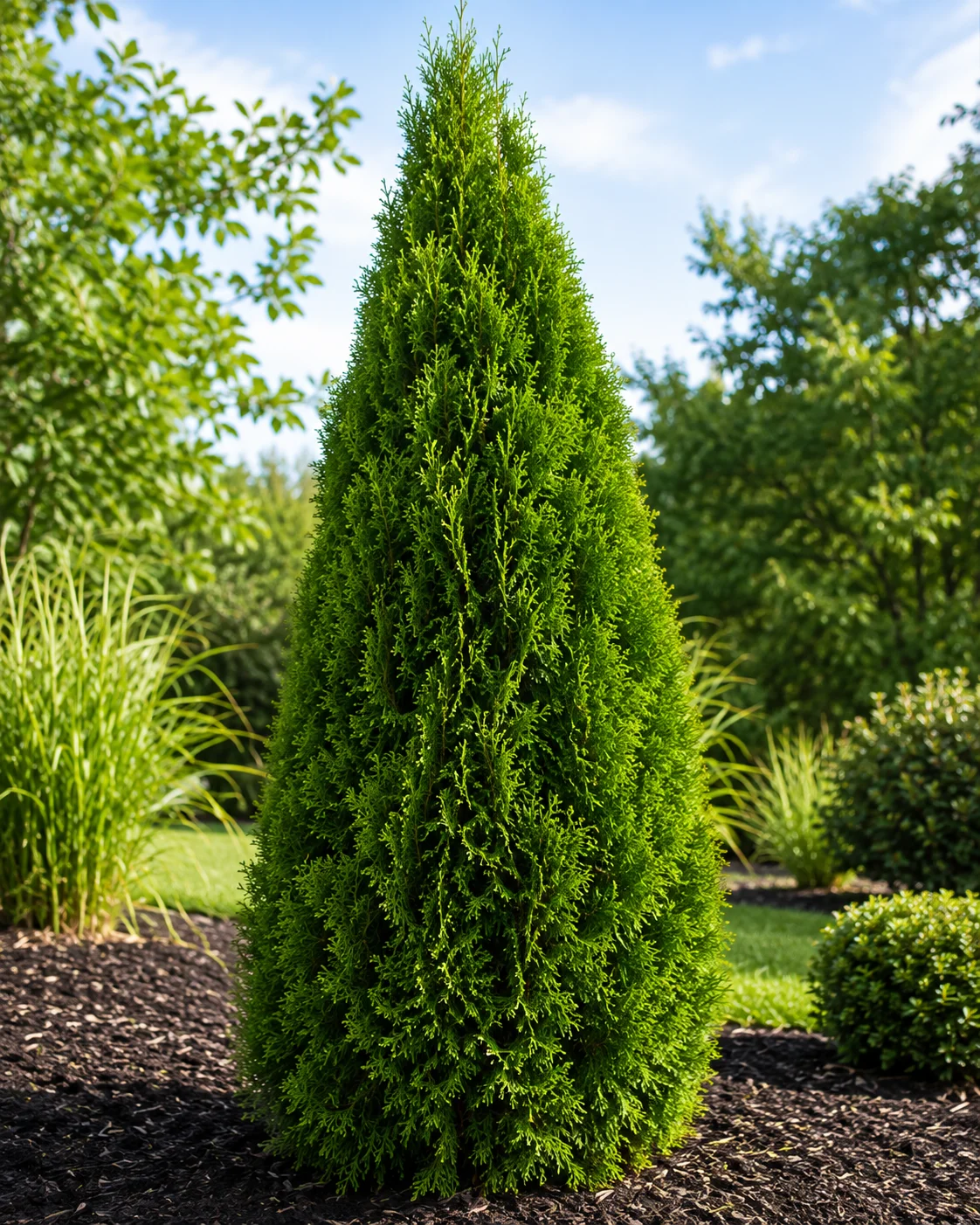 Emerald Green Arborvitae growing as a lush, cone-shaped evergreen in a sunny landscaped garden
