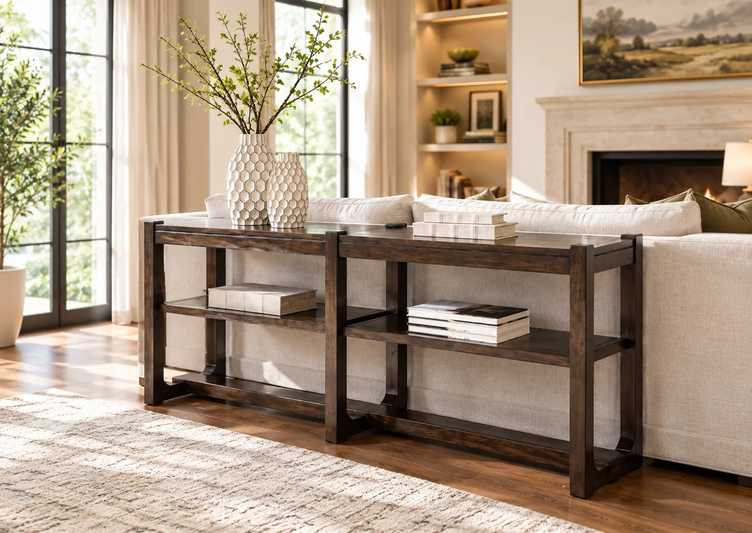 Dark brown wood-tone Ashley Breckington sofa table placed behind a living room sofa.