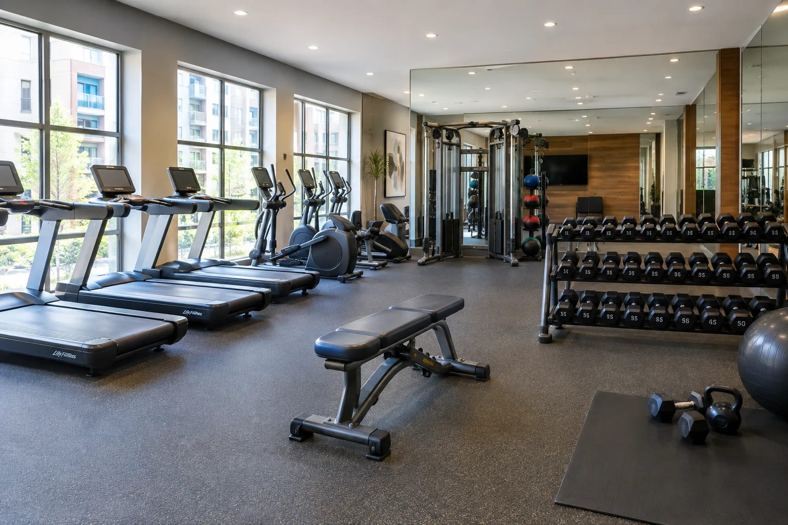 Apartment fitness center with treadmills and free weights in Houston, TX