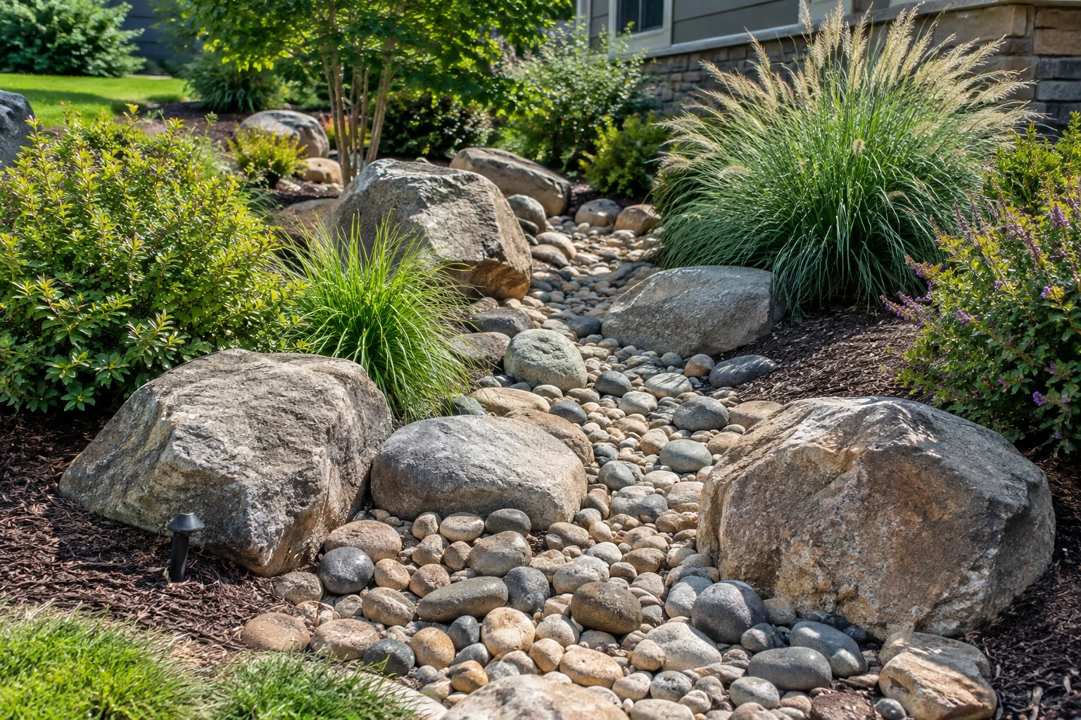 Dry creek bed landscaping feature made with river rock and boulders