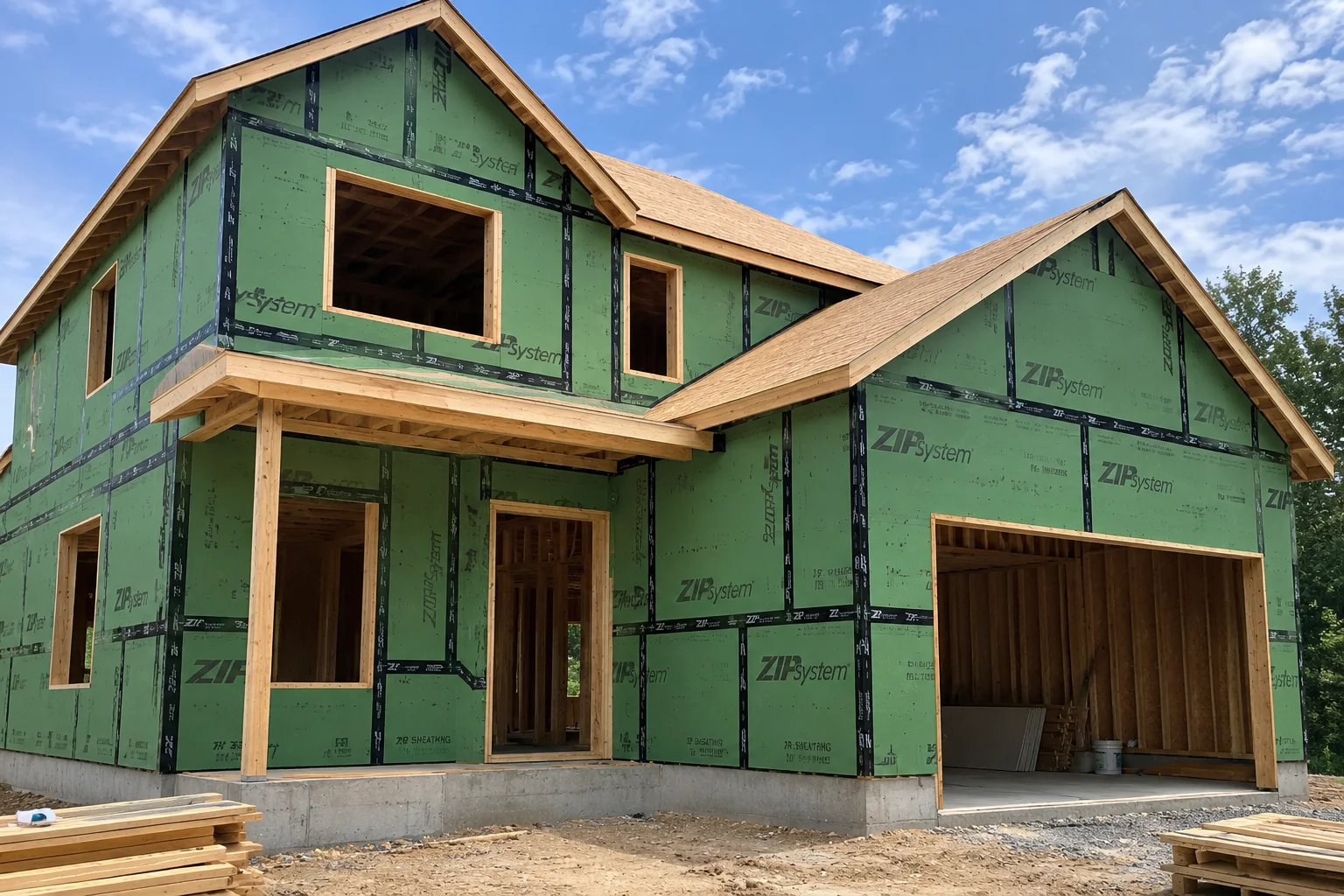 ZIP System sheathing panels with taped seams installed on a house under construction