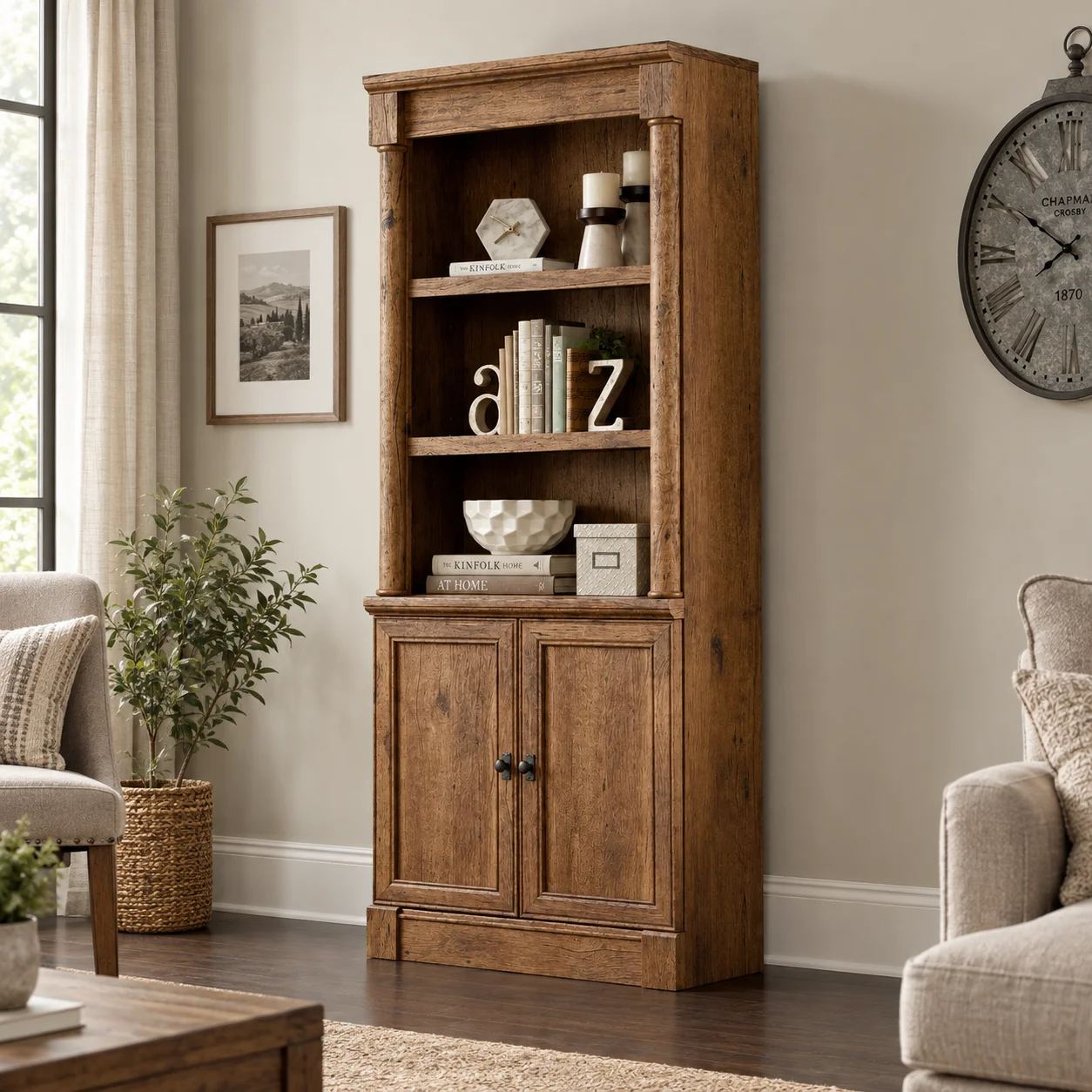 Darby Home Co Manahan storage bookcase in vintage oak with framed panel doors