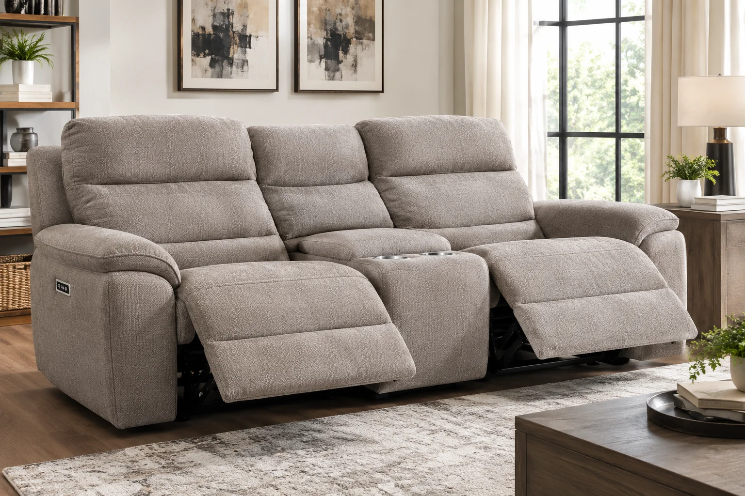 Leather power reclining sofa with the footrests extended in a living room