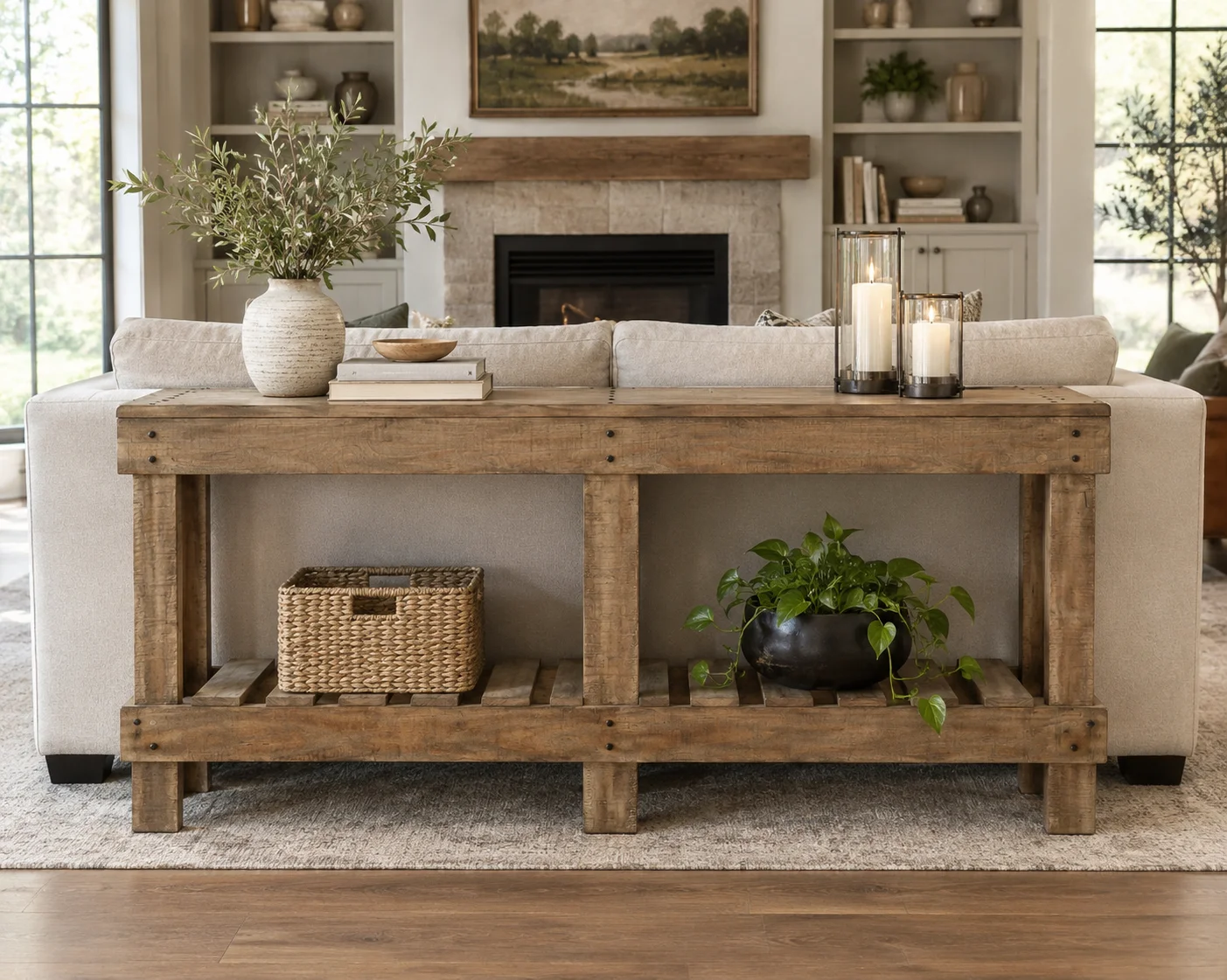 Ashley Susandeer console sofa table in light brown finish behind a living room sofa