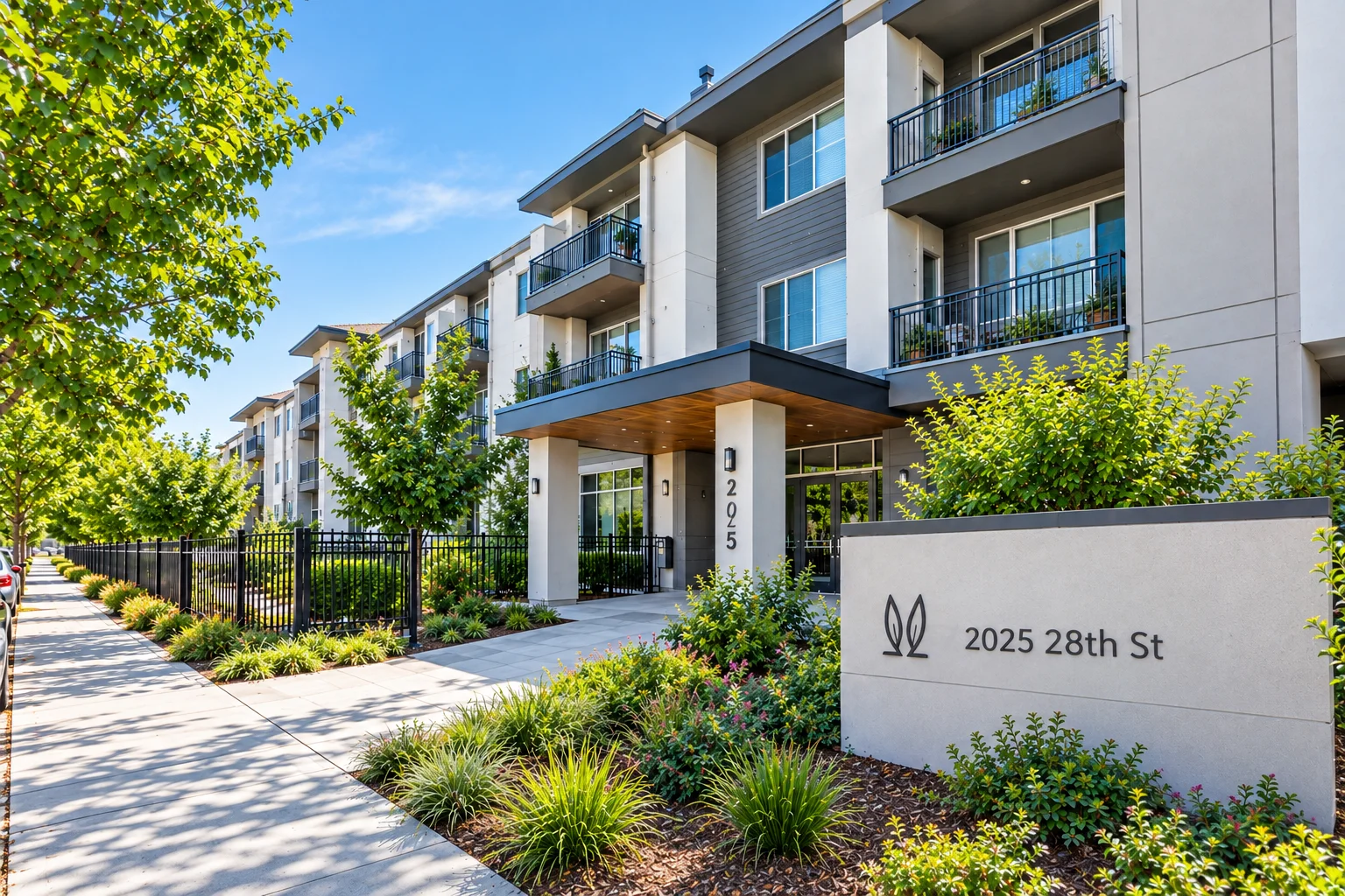 The Elms Apartments exterior building in the Newton Booth neighborhood of Sacramento, CA