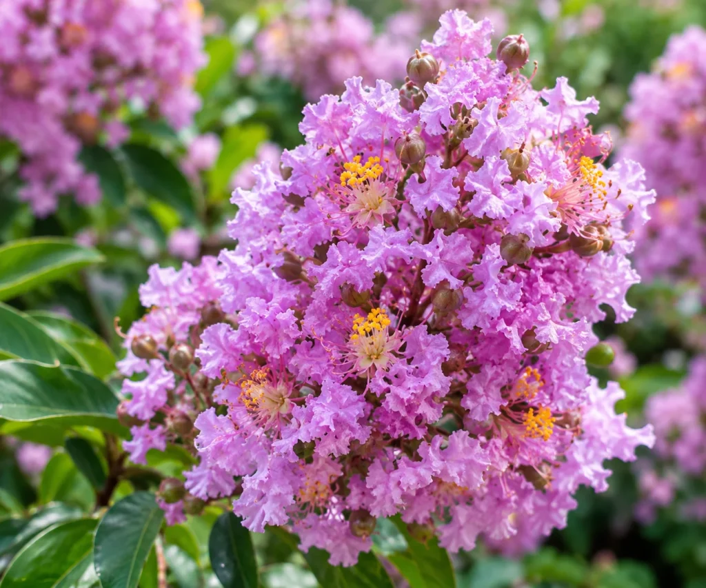 Close-up of ruffled lavender-pink Muskogee crape myrtle flower cluster