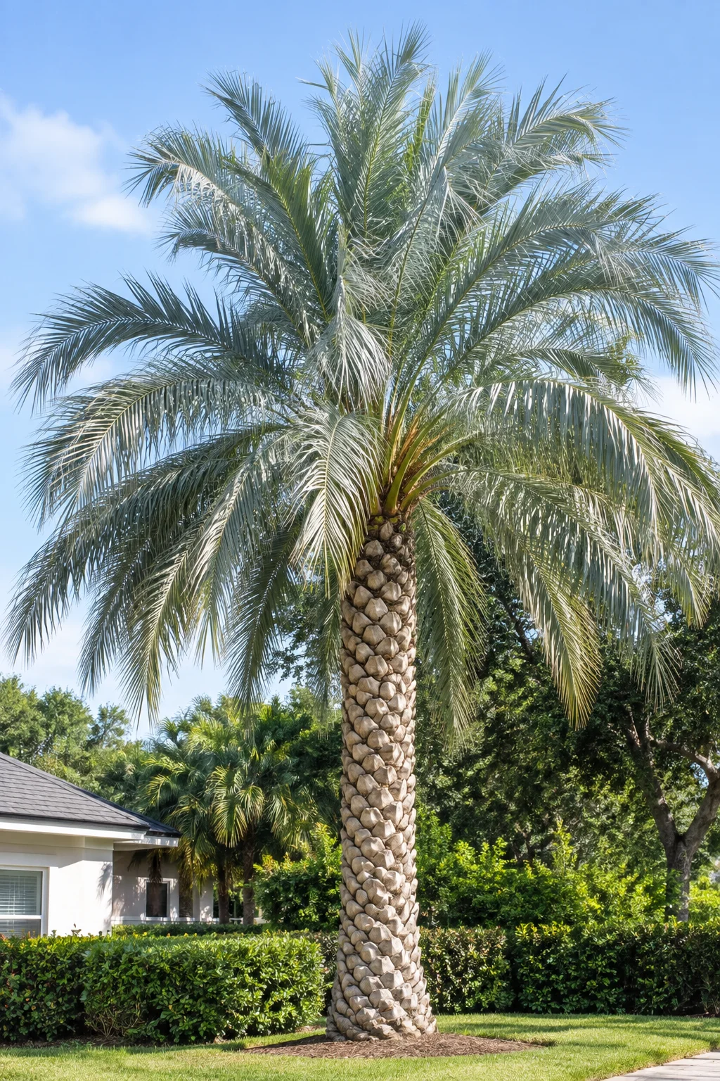 Mature Sylvester palm with diamond-patterned trunk and arching fronds