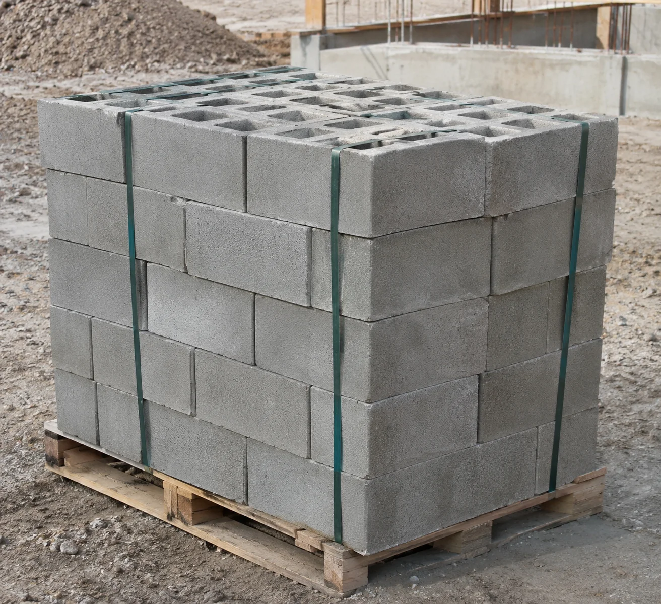 Stack of standard 8x8x16 hollow concrete masonry units on a pallet