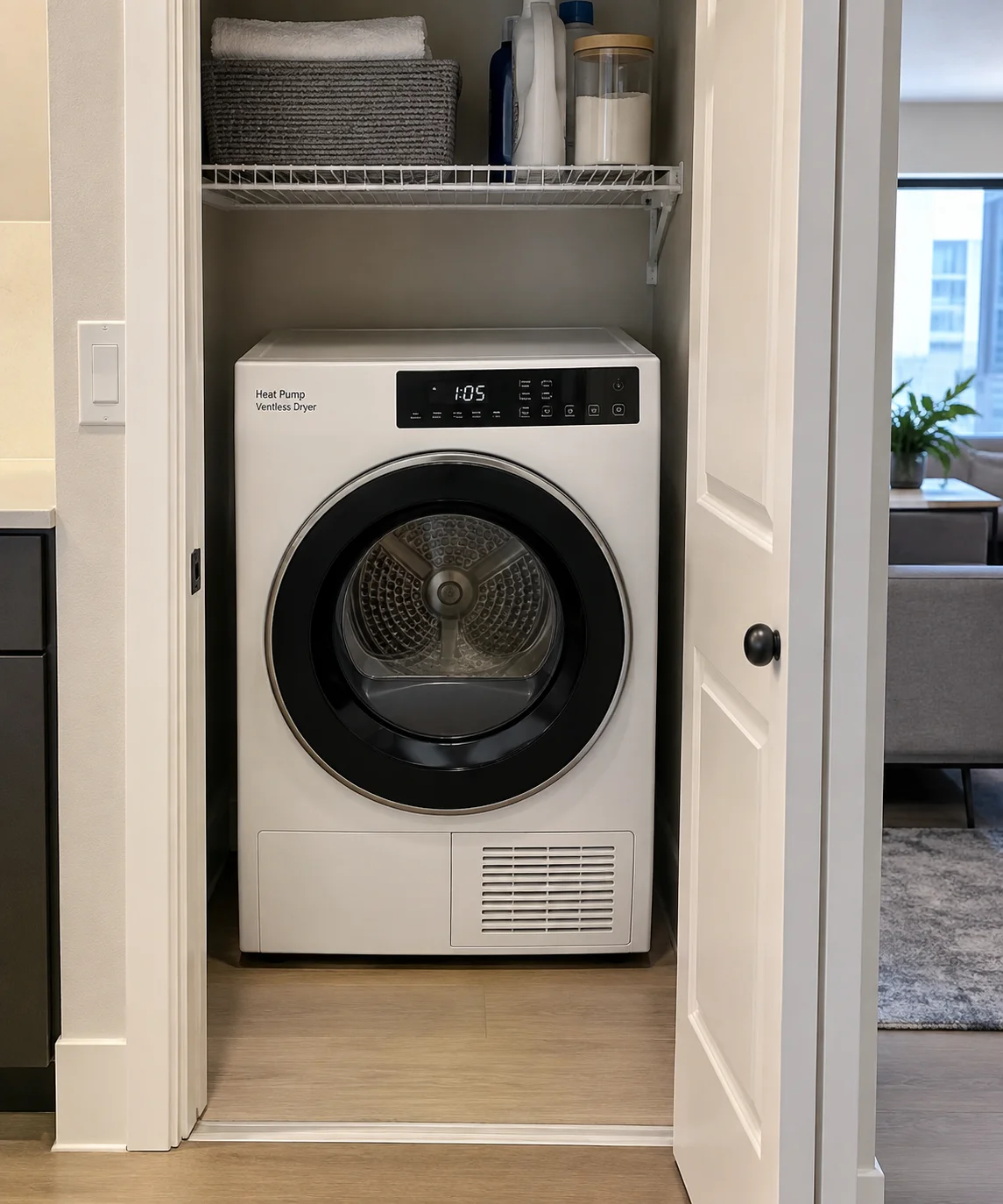 Compact ventless heat pump dryer installed in an apartment laundry close