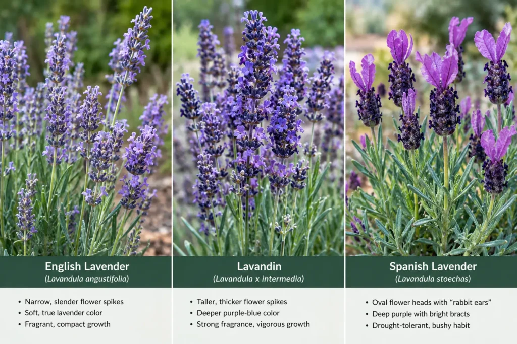 Three lavender types compared: slim English lavender spikes, longer lavandin stems, and Spanish lavender with rabbit-ear bracts