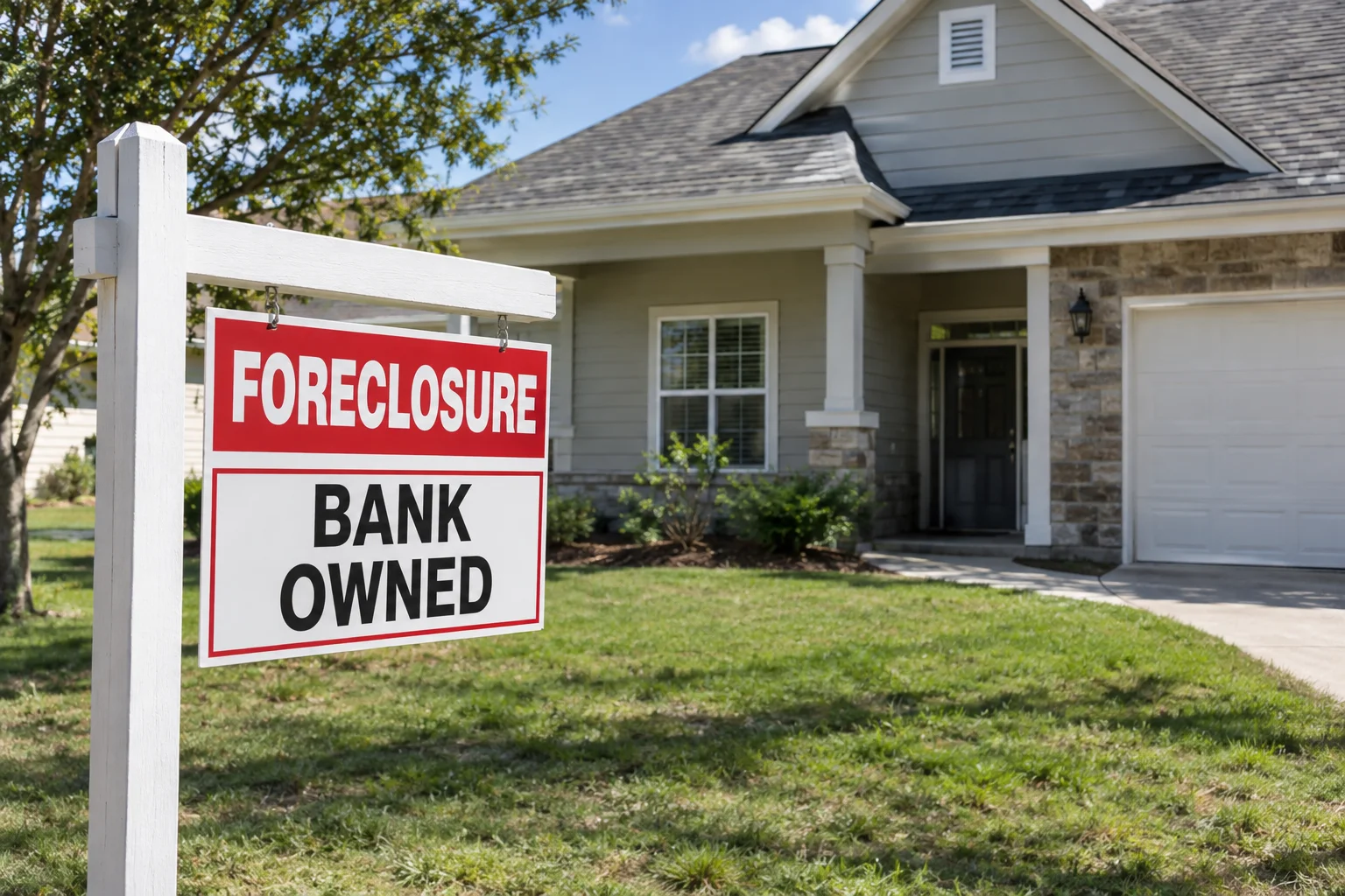 Bank-owned foreclosure sign posted in front of a residential house