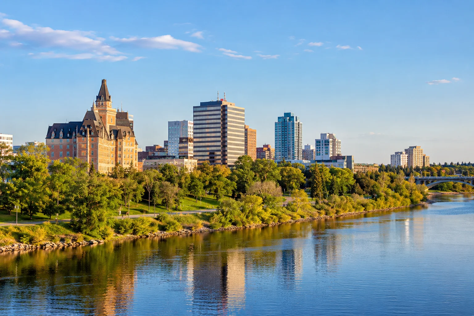 Downtown Saskatoon riverfront condo buildings along the South Saskatchewan River