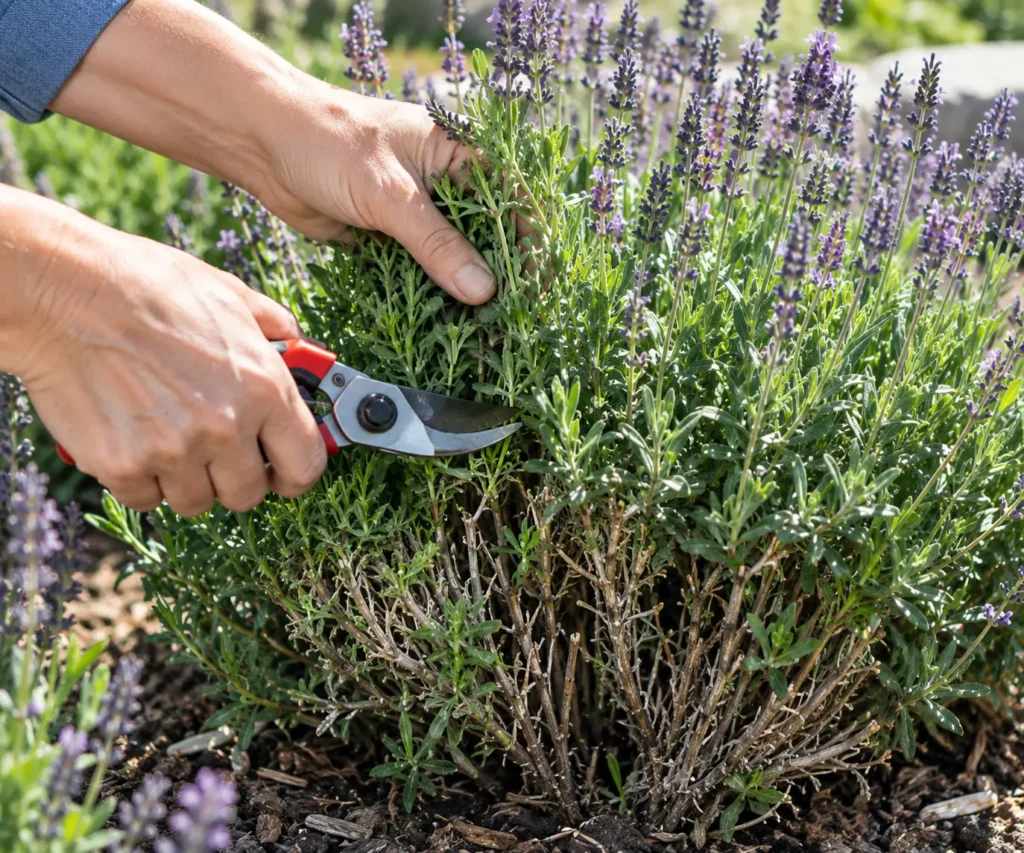 Gardener trimming a lavender shrub with pruning shears, cutting above the leaf line and leaving green growth