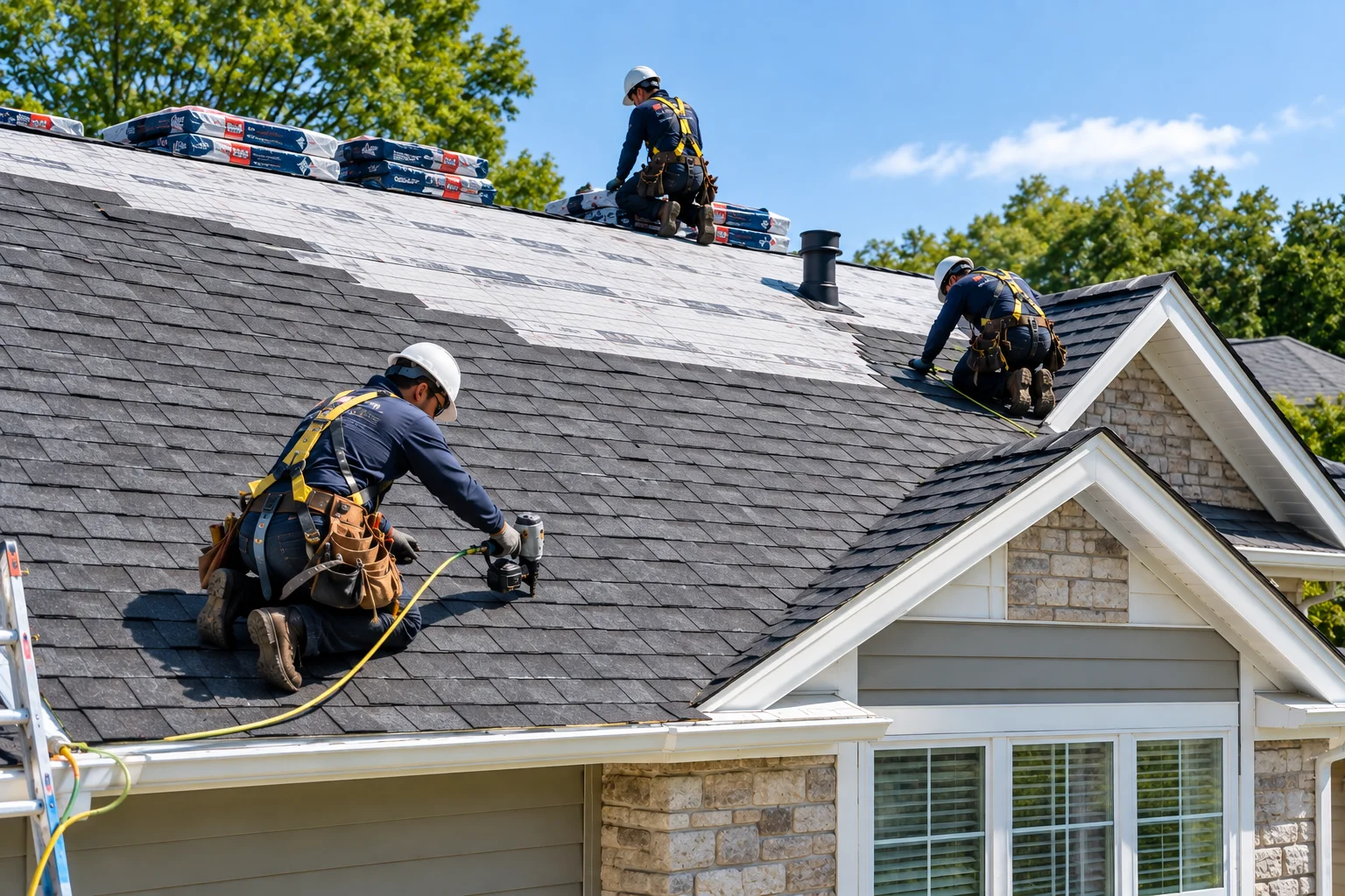 Roofing crew installing GAF shingles on a residential roof