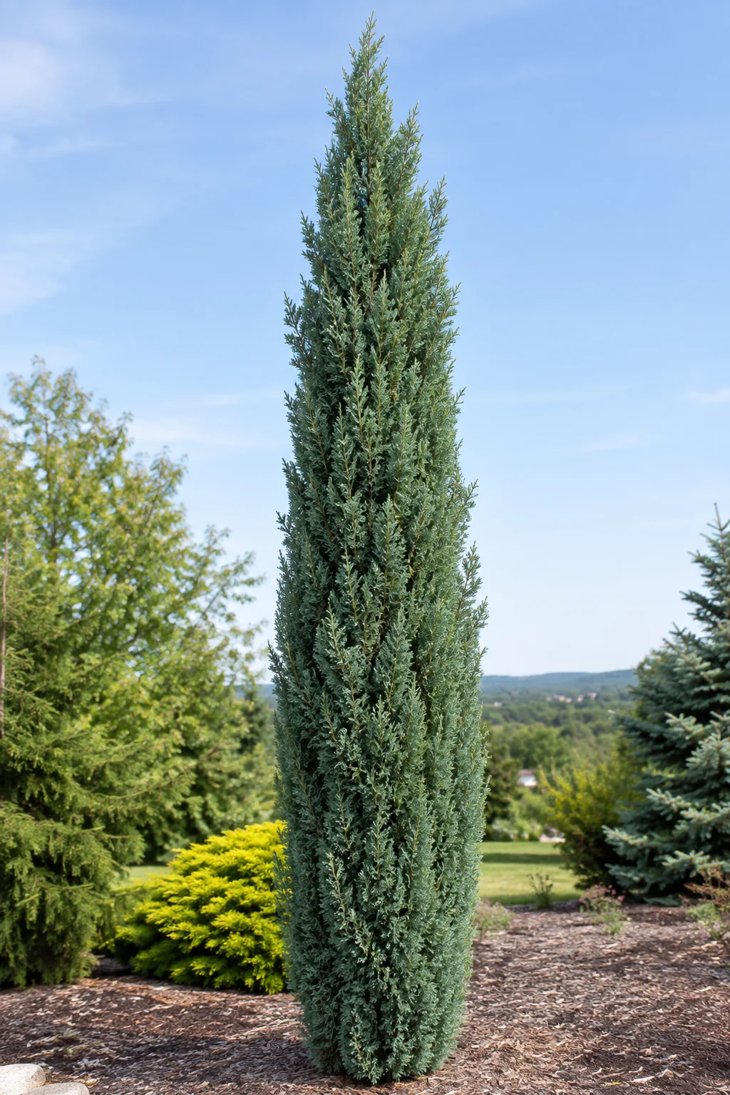 Mature Taylor Juniper tree showing narrow columnar evergreen form in a home landscape