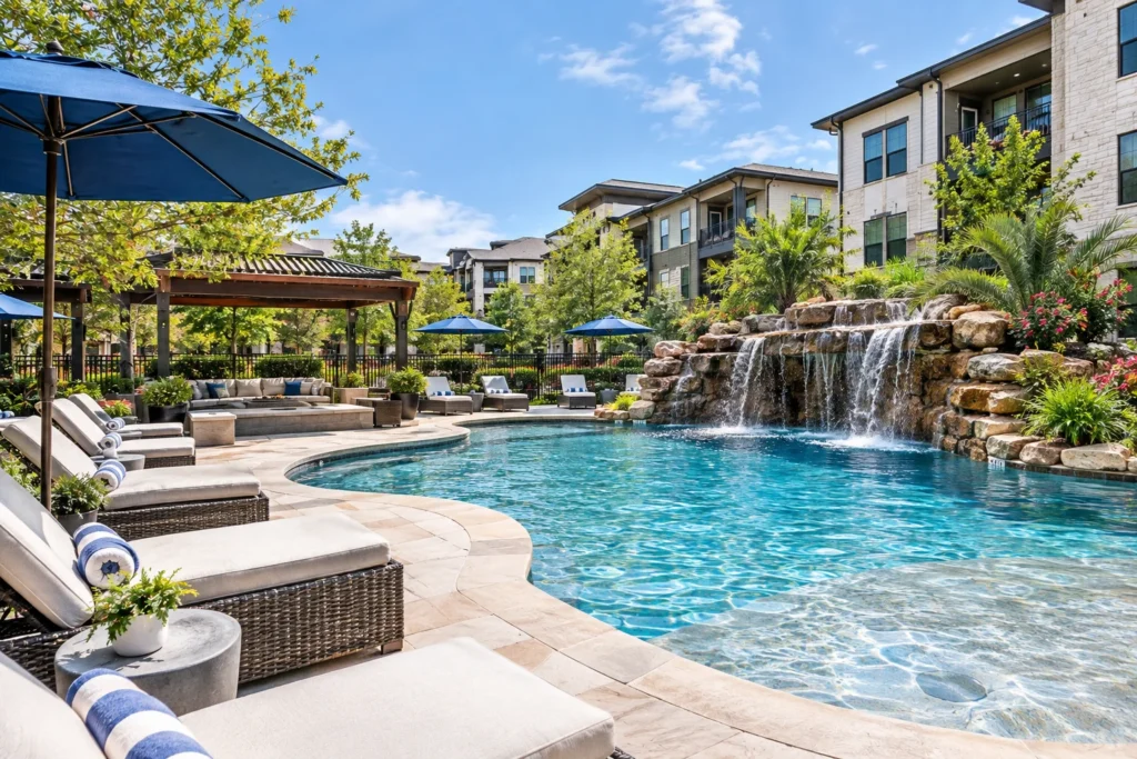 Resort-style pool with waterfall at Aston Post Oak, formerly IMT Uptown Post Oak, in Houston