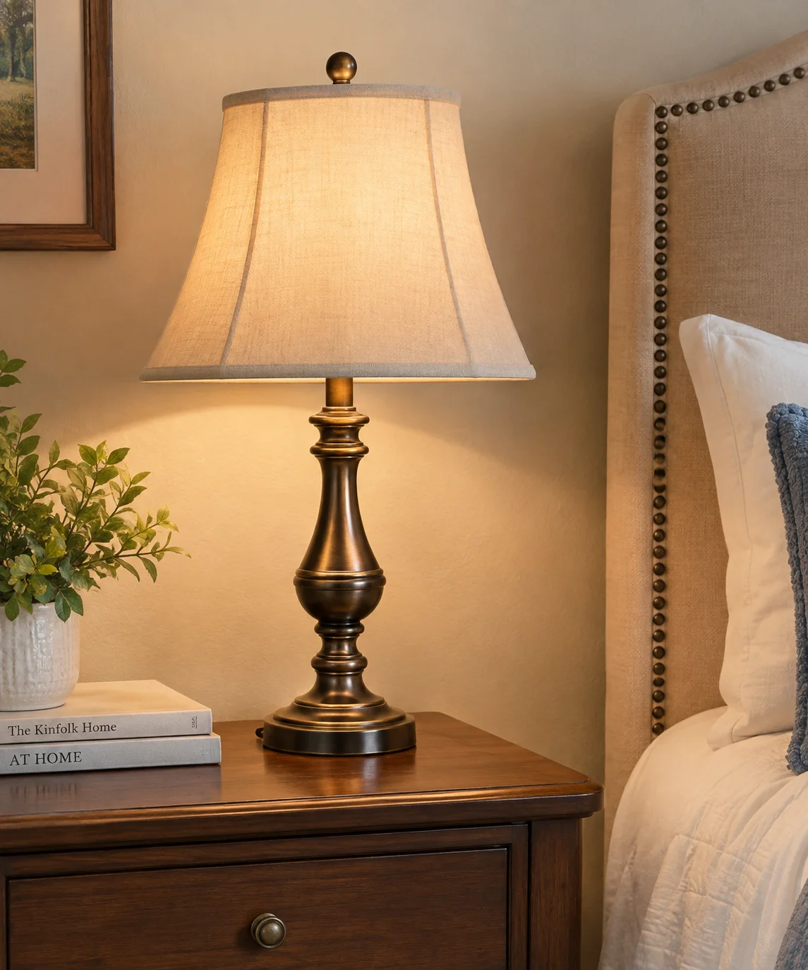 Bronze traditional table lamp with turned pedestal base on a nightstand