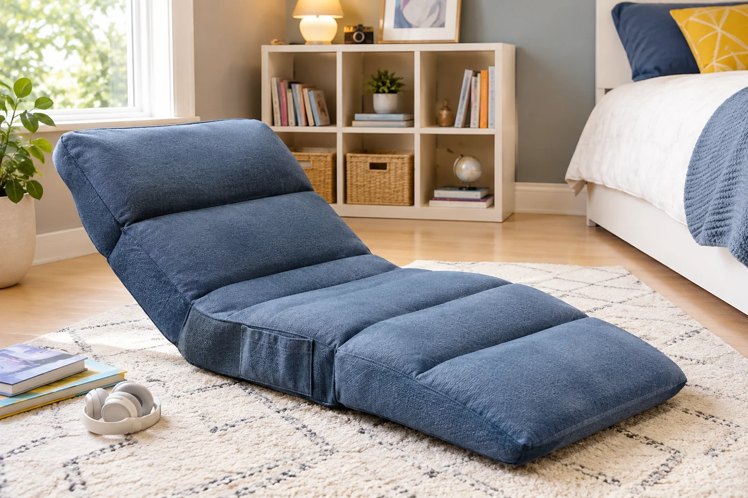 Ebern Designs cushioned floor game chair reclined on a bedroom floor.