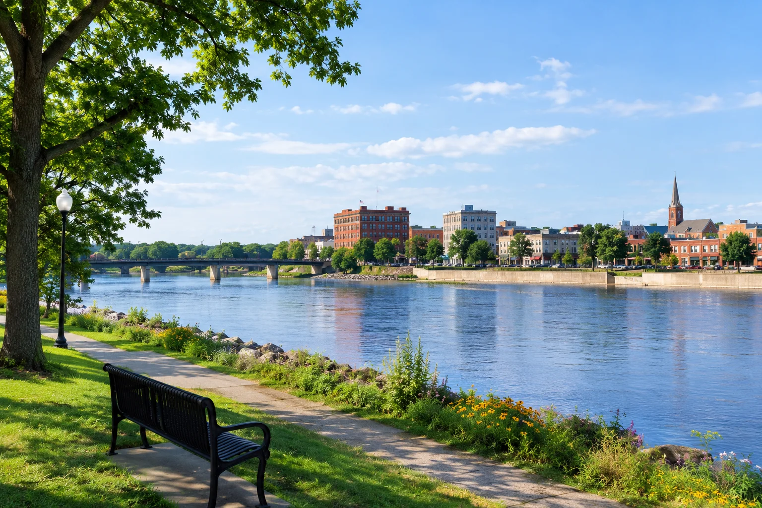 Wisconsin River flowing past a park in Merrill, Wisconsin.