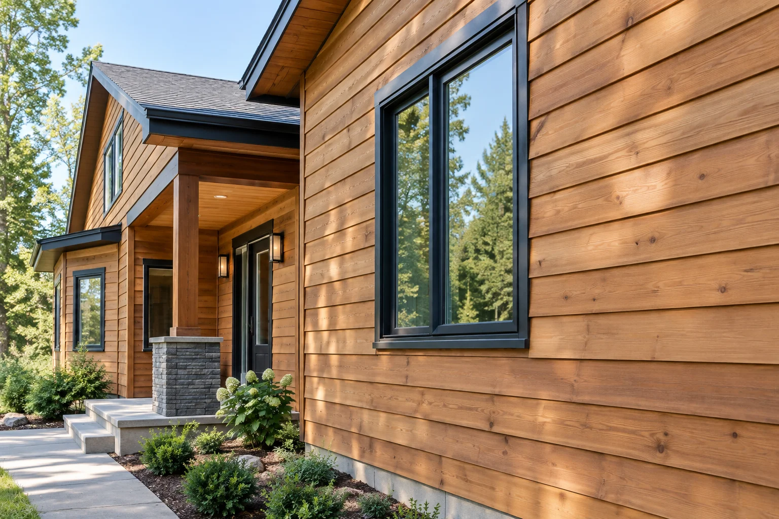 Cedar wood siding installed on a modern home exterior