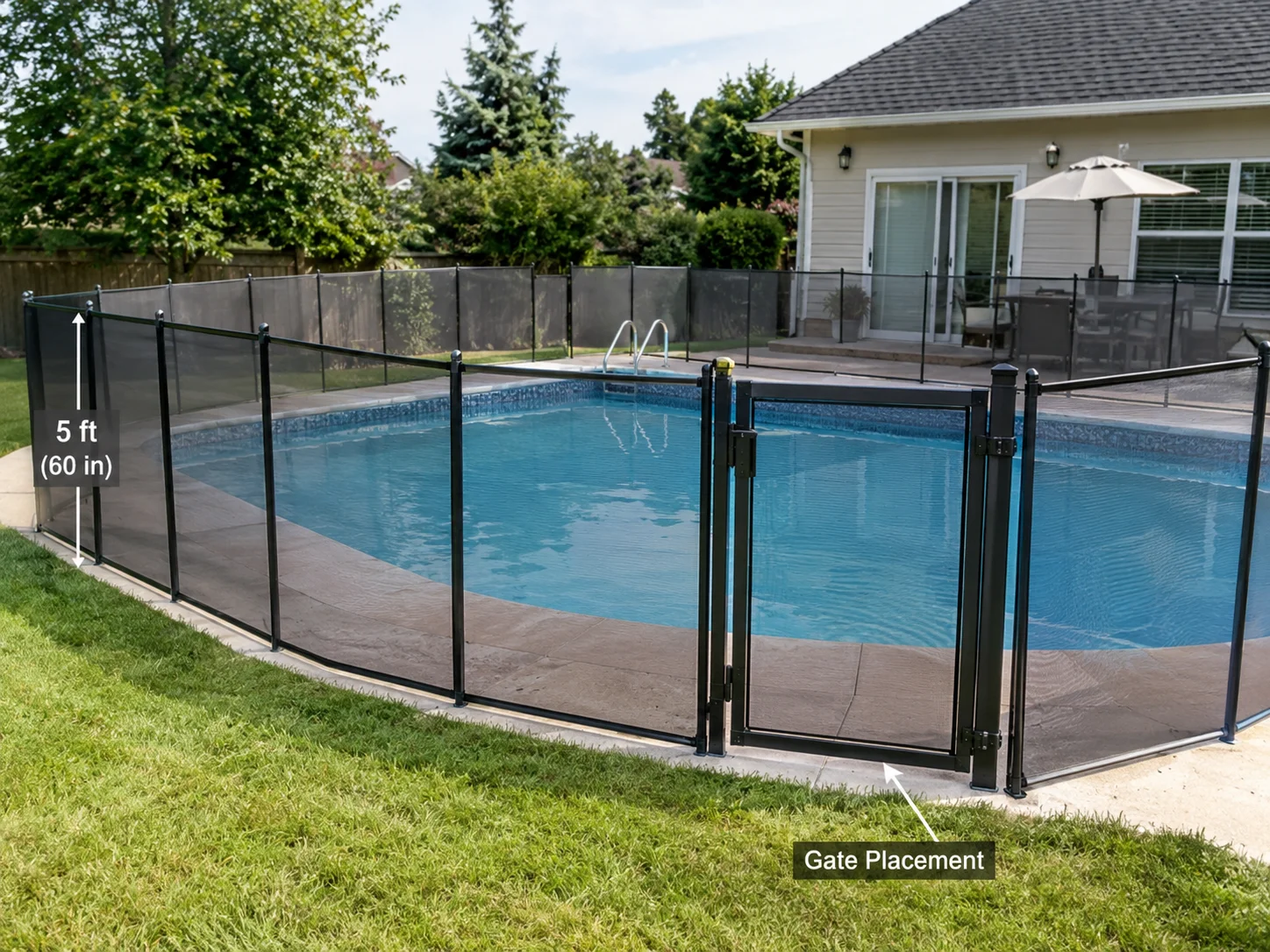 Mesh pool safety fence installed around a residential in-ground pool