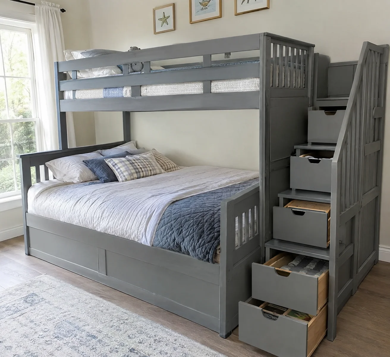 Bunk bed with staircase storage drawers built into the steps