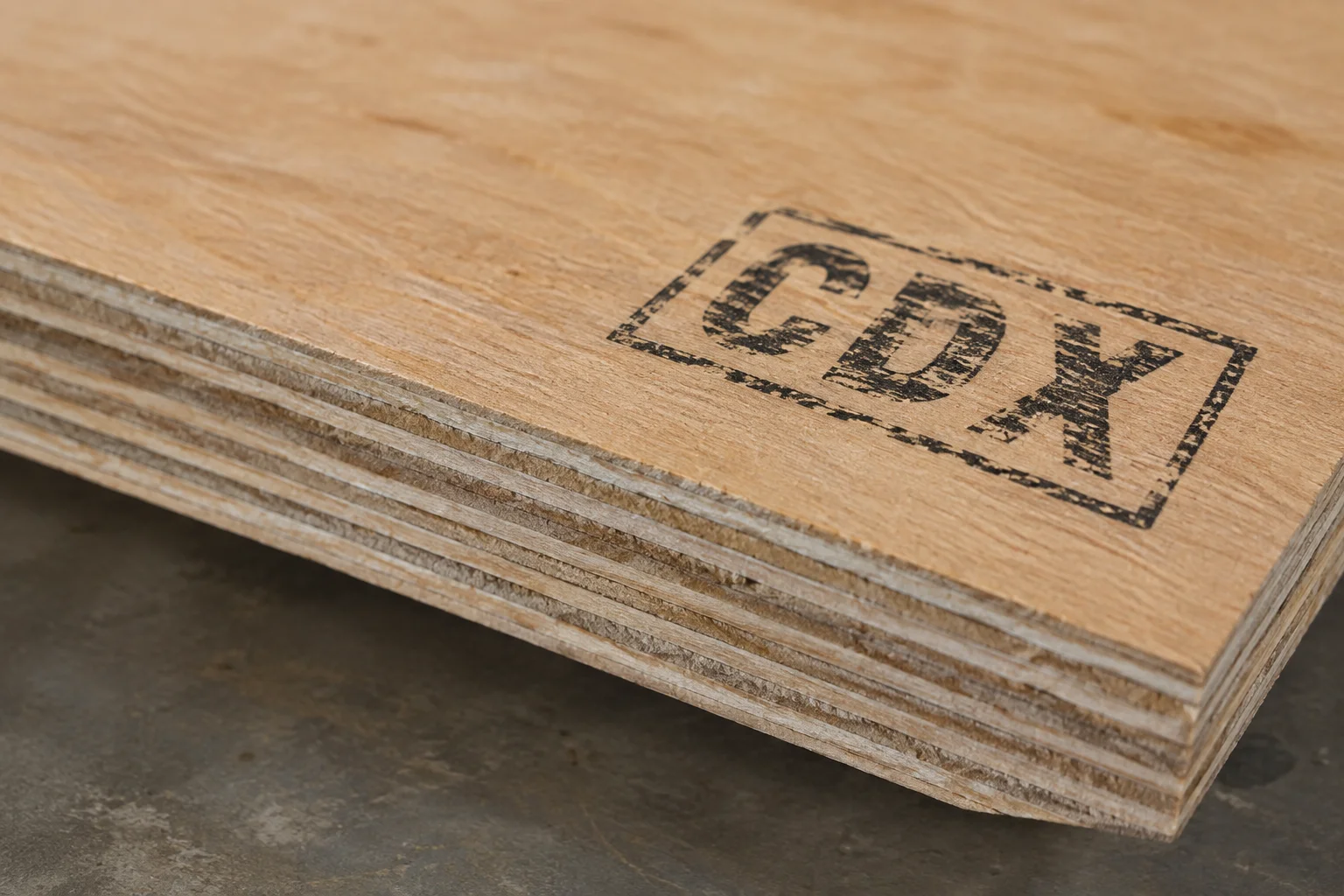 Close-up of CDX plywood edge showing layered veneers and APA grade stamp